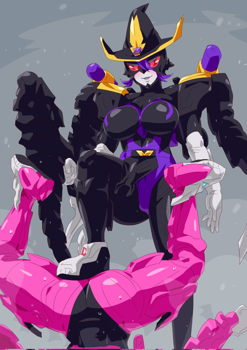 2girls bent_over black_skin blonde_hair blush_stickers breasts colored_skin cum dragon_girl evil_smile facial feet gold_skin green_eyes hat highres kikai_sentai_zenkaiger legs_apart legs_up looking_down mecha mechanical_wings multiple_girls otokamu pink_skin purple_hair red_eyes robot smile staff super_sentai tokusatsu trample upside-down wings witch witch_hat zenkai_magine