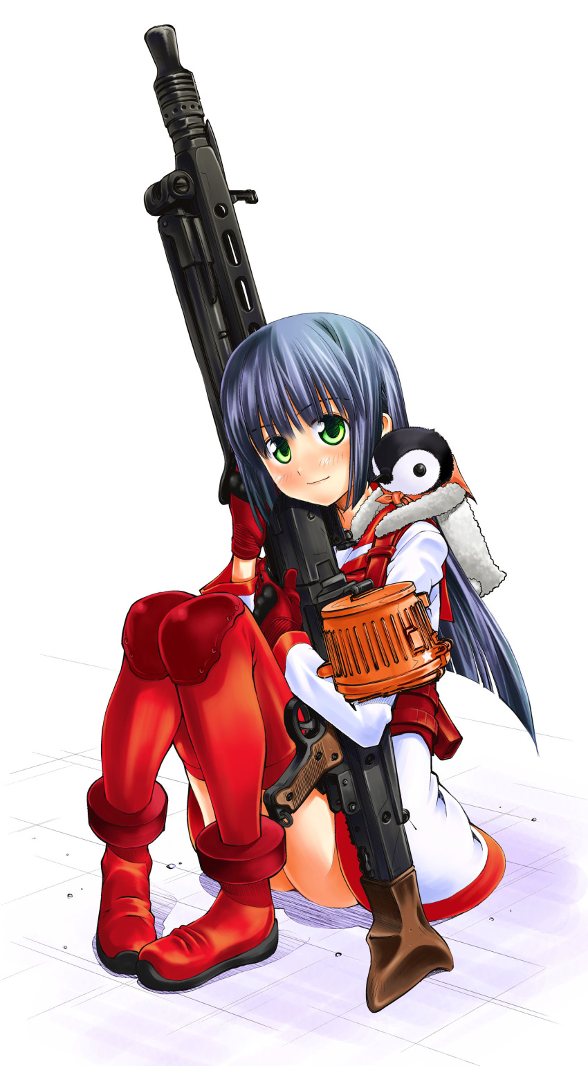 1girl absurdres animal_on_shoulder bangs bird black_hair closed_mouth commentary_request dress eyebrows_visible_through_hair gloves green_eyes gun highres holding holding_gun holding_weapon kusano_kouichi long_hair long_sleeves looking_at_viewer machine_gun mg42 original penguin red_footwear red_gloves red_legwear shoes short_dress sitting smile solo thighhighs weapon white_dress