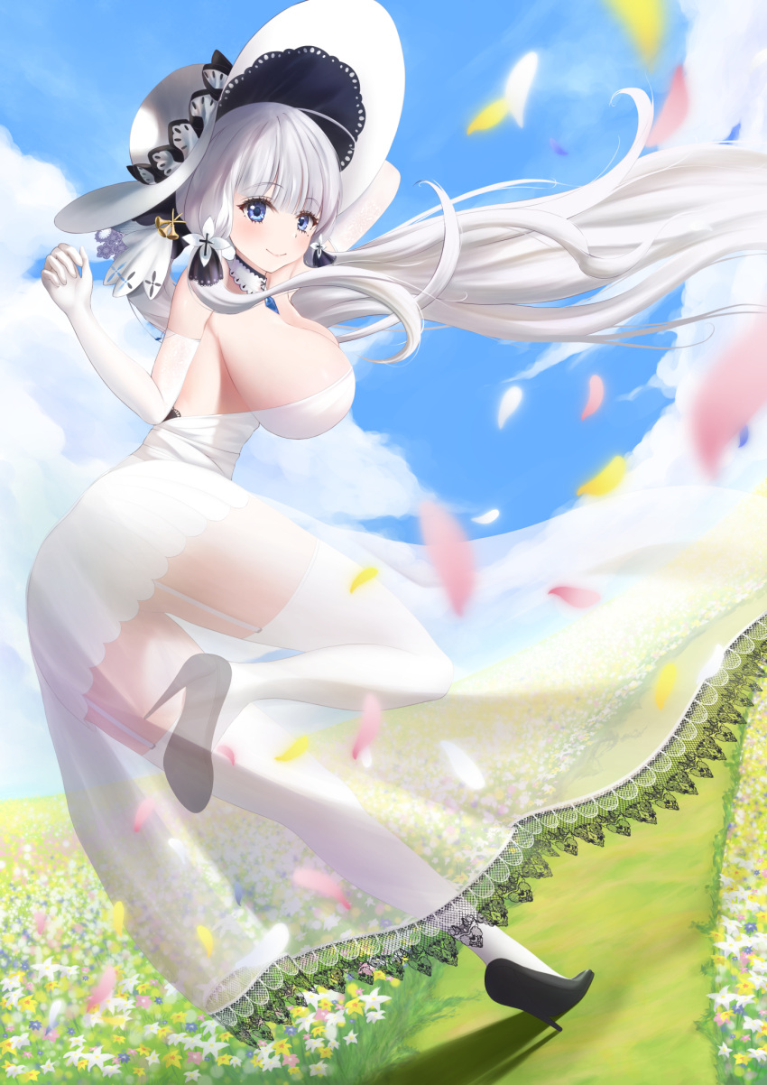 1girl arm_behind_head azur_lane backless_dress backless_outfit black_footwear blue_eyes blue_sky breasts cloud collar detached_collar dress dutch_angle elbow_gloves flower from_behind full_body garter_straps gloves grass hat high_heels highres huge_breasts illustrious_(azur_lane) lace-trimmed_dress lace-trimmed_headwear lace_trim leaning_forward leg_up long_hair looking_at_viewer looking_back outdoors petals see-through_dress shoes sky sleeveless sleeveless_dress smile solo stiletto_heels sun_hat usagidanshaku very_long_hair white_collar white_dress white_flower white_gloves white_hair white_headwear white_legwear