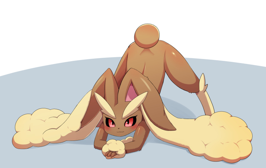 1girl absurdres animal_ears black_sclera body_fur colored_sclera flexible full_body furry gen_4_pokemon hands_on_ground highres jack-o'_challenge lopunny no_humans pokemon pokemon_(creature) rabbit_ears red_eyes smile solo spread_legs sum_(ganach24) top-down_bottom-up wide_spread_legs