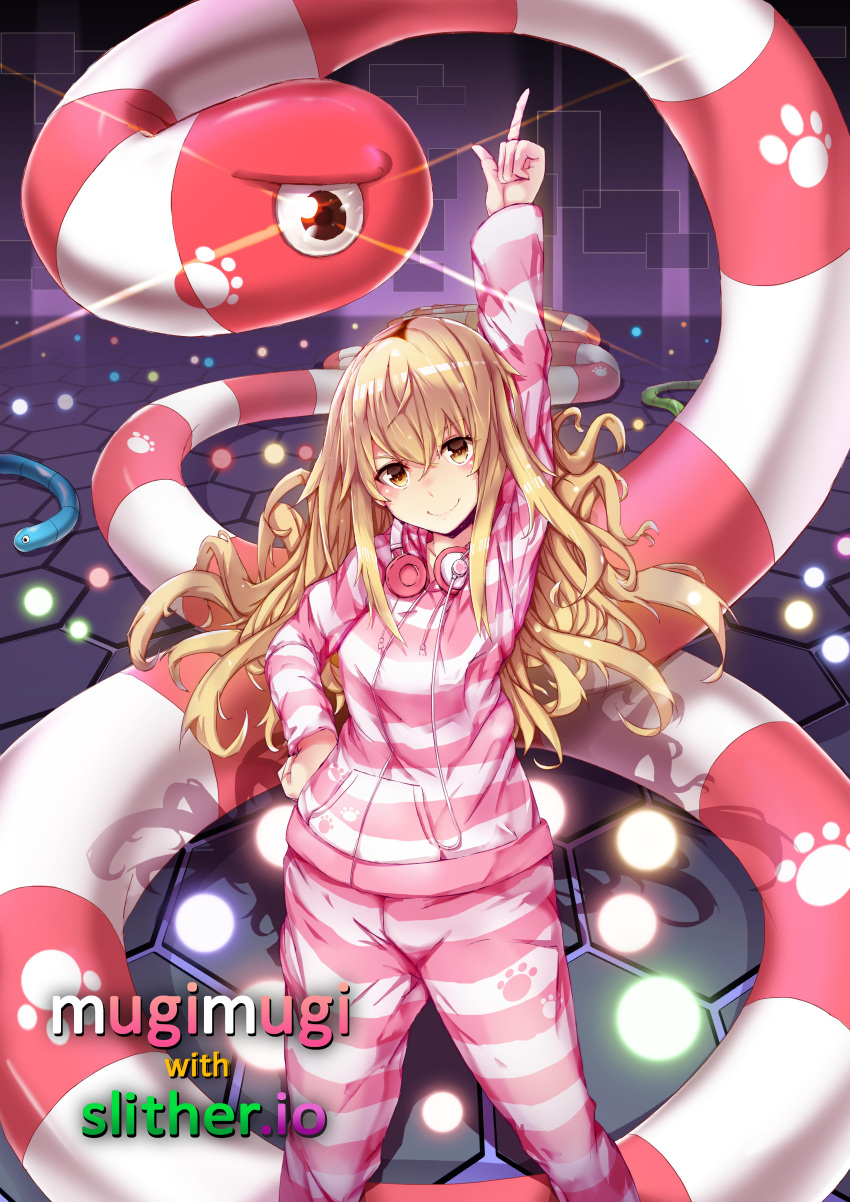 1girl absurdres arm_up bangs blonde_hair blush brown_eyes closed_mouth commentary_request drawstring gradient_eyes hair_between_eyes headphones headphones_around_neck highres hood hood_down hoodie ienaga_mugi long_hair long_sleeves looking_at_viewer multicolored multicolored_eyes nijisanji pajamas pants paw_print paw_print_pattern shiki_misato_(shikiori) slither.io slither_(slither.io) smile solo striped striped_hoodie striped_pants virtual_youtuber