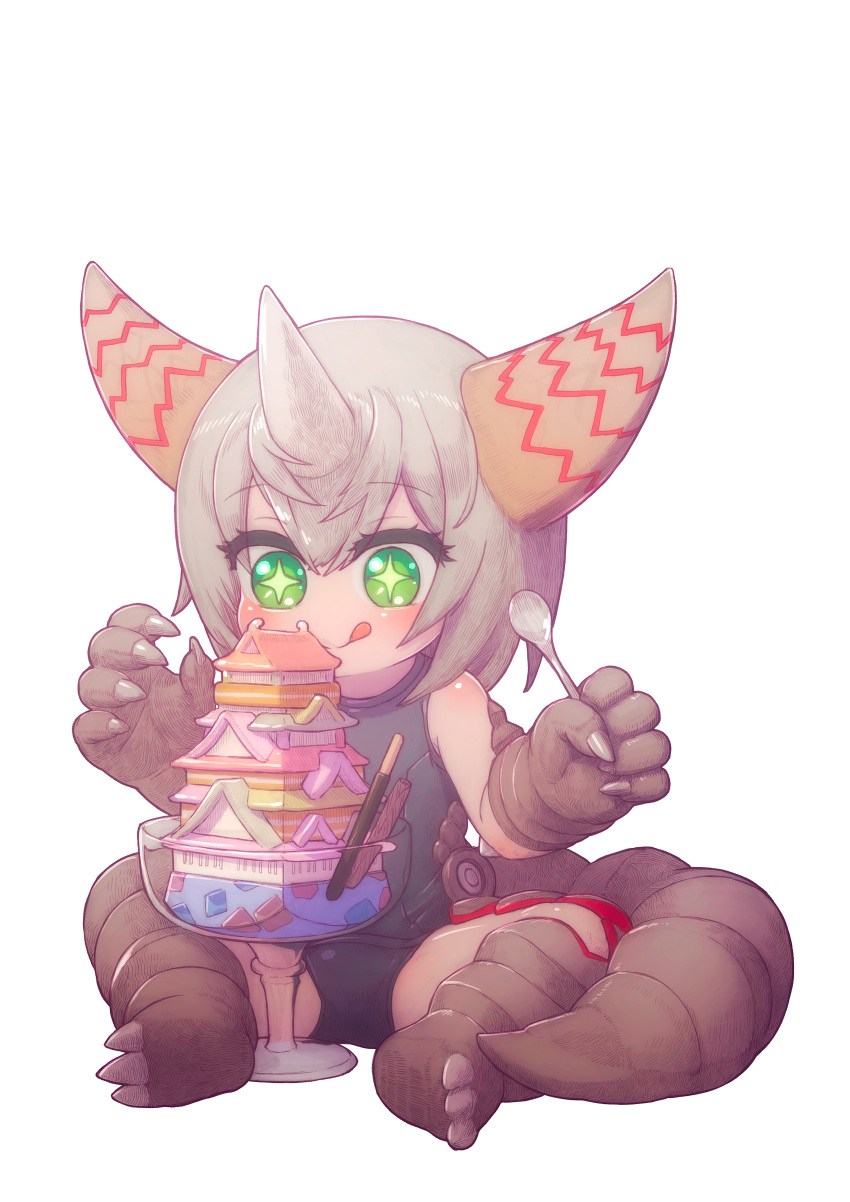 1girl absurdres cake claws feral_lemma food gomora green_eyes grey_hair highres horns ice_cream japanese_castle licking_lips old_school_swimsuit pocky school_swimsuit shiny shiny_skin sitting solo sparkling_eyes spoon swimsuit tail tongue tongue_out ultra_kaijuu_gijinka_keikaku ultra_series ultraman_(1st_series)