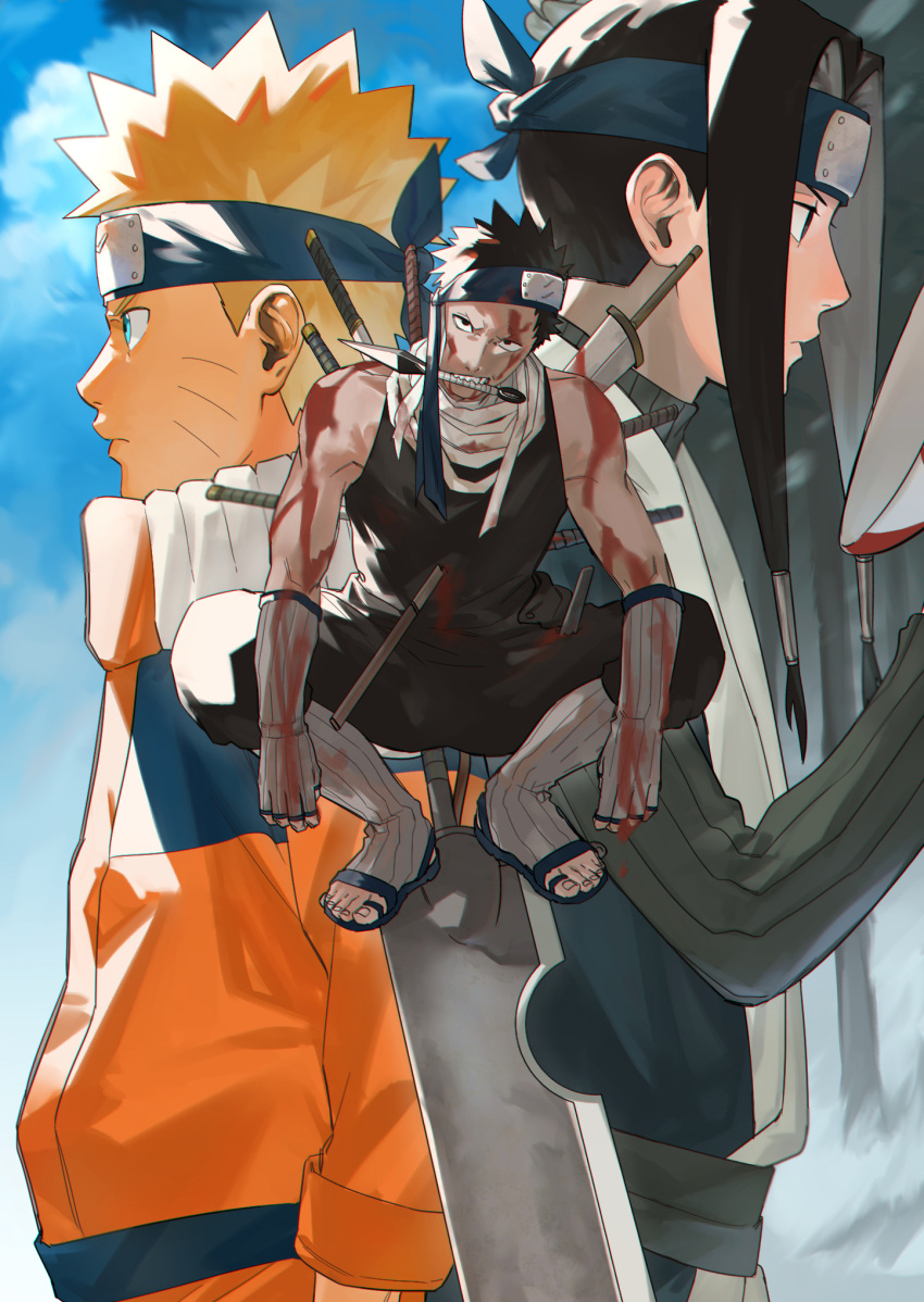 3boys back-to-back black_eyes black_hair black_jacket black_pants black_shirt blonde_hair blood blood_on_clothes blood_on_face blue_eyes blue_headband closed_mouth fingerless_gloves forehead_protector full_body gloves grey_gloves haku_(naruto) headband highres jacket kirigakure_symbol kunai long_hair long_sleeves looking_away male_focus mirin_(coene65) momochi_zabuza mouth_hold multiple_boys naruto naruto_(series) orange_jumpsuit pants profile sandals shirt short_hair sleeveless sleeveless_shirt squatting sword upper_body uzumaki_naruto weapon weapon_on_back