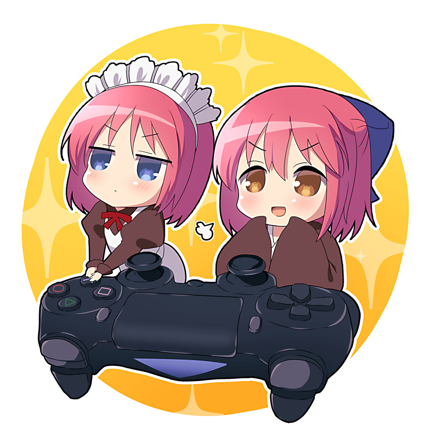 2girls absurdres apron bangs blue_bow blue_eyes blush bow bowtie brown_dress brown_eyes brown_kimono chibi closed_mouth controller dress dualshock eyebrows_visible_through_hair game_controller gamepad hair_between_eyes hair_bow half_updo highres hisui_(tsukihime) itsuka_neru japanese_clothes juliet_sleeves kimono kohaku_(tsukihime) long_sleeves maid maid_apron maid_headdress multiple_girls open_mouth playstation_controller puffy_sleeves red_bow red_hair red_neckwear short_hair siblings sidelocks sisters sleeves_past_fingers sleeves_past_wrists smile tsukihime tsukihime_(remake) twins wa_maid white_apron wide_sleeves