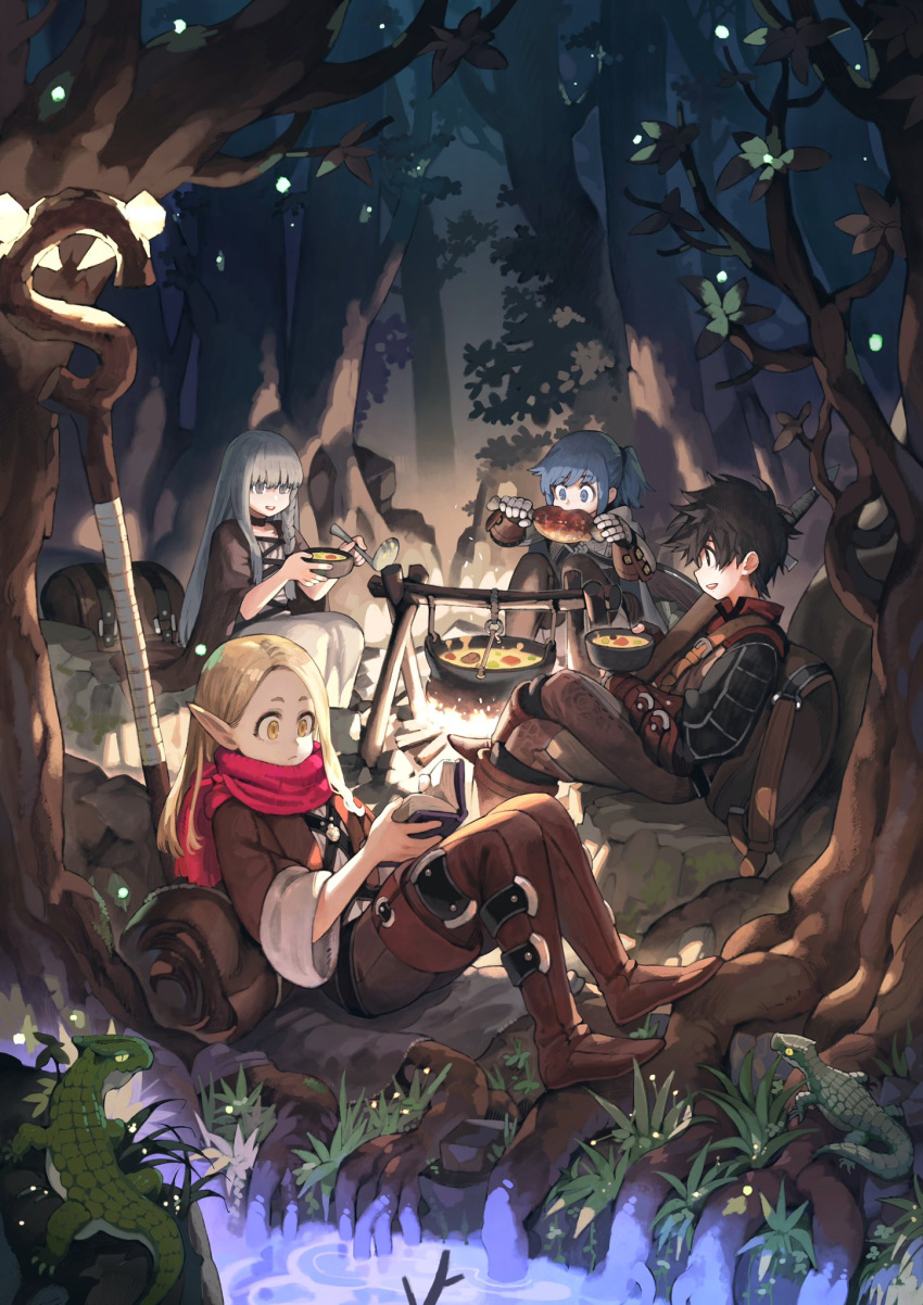 1boy 3girls animal backpack bag bedroll belt_boots black_hair blonde_hair blue_hair boned_meat book boots bowl braid campfire commentary cooking eating elf fantasy fingerless_gloves fire food forest gauntlets gloves glowing grey_hair highres holding holding_book holding_bowl holding_food holding_ladle jun_(seojh1029) ladle lizard long_hair meat multiple_girls nature night original outdoors pointy_ears pot reading robe scarf sheath sheathed shield short_hair short_ponytail side_braid single_braid smile staff stew sword thigh_boots thighhighs tree water weapon