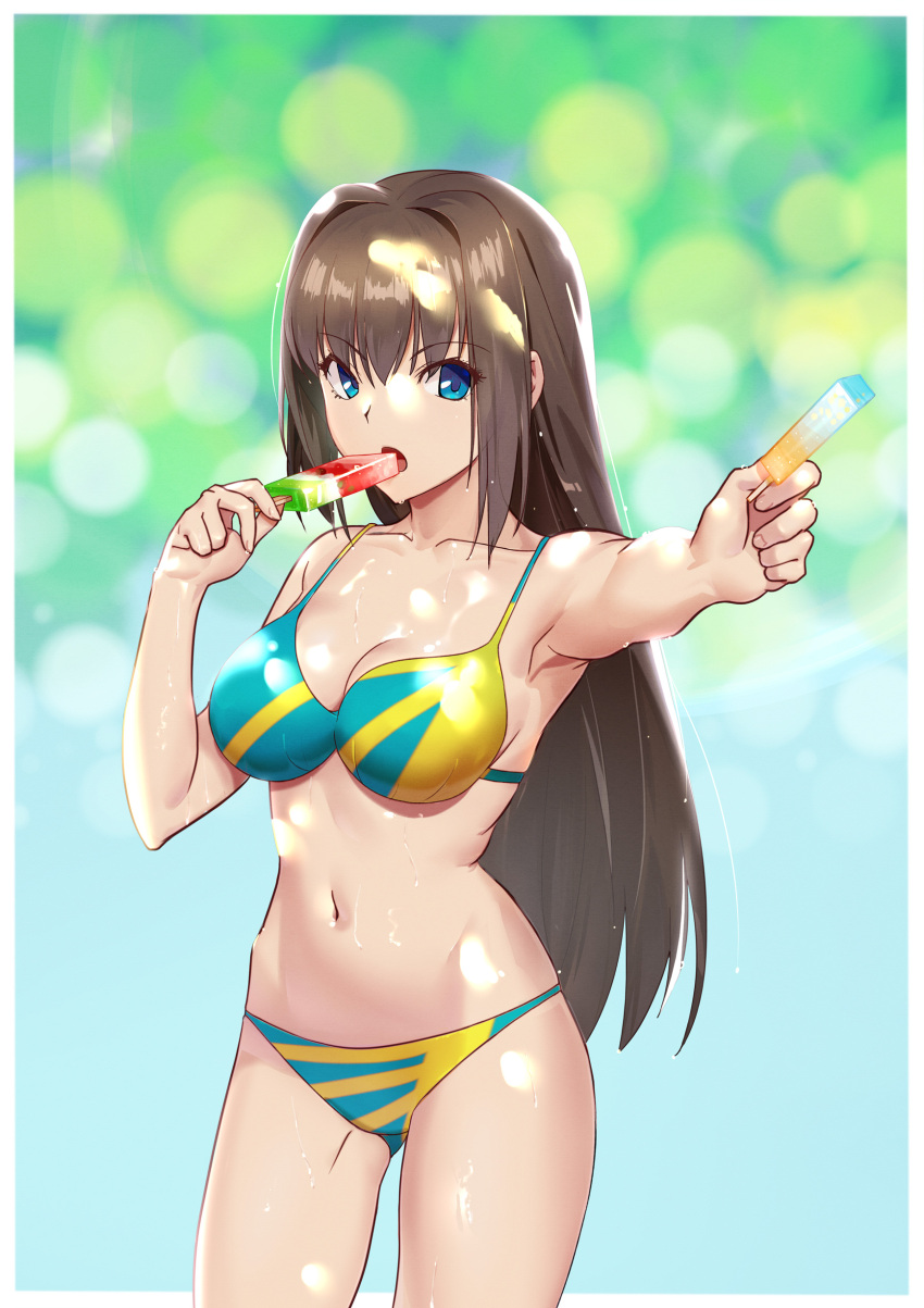 1girl absurdres aozaki_aoko blue_eyes breasts brown_hair cleavage collarbone cowboy_shot cqqz0707 eating food foreshortening highres long_hair looking_at_viewer mahou_tsukai_no_yoru medium_breasts open_mouth popsicle solo standing two-tone_bikini watermelon_bar