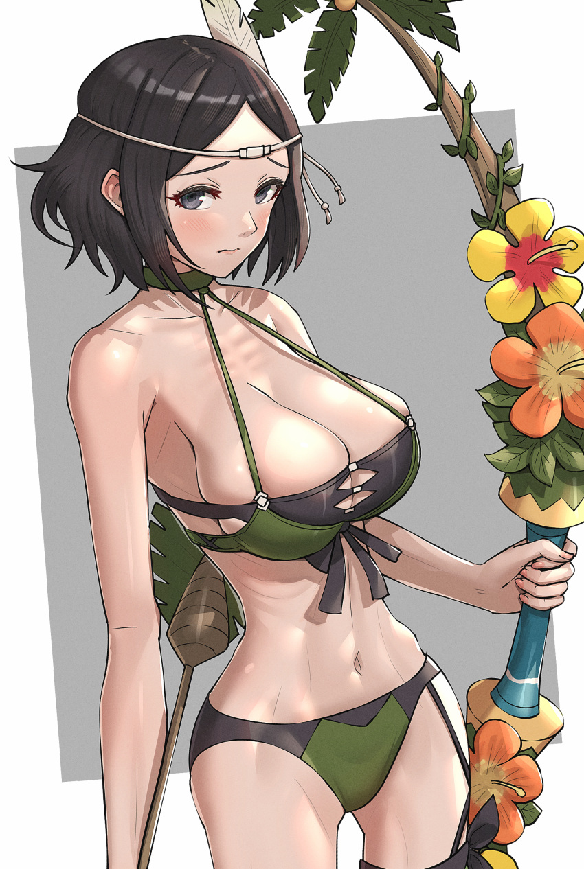 1girl absurdres alternate_costume arrow_(projectile) bare_arms bare_shoulders bikini black_hair bow breasts cleavage feathers fire_emblem fire_emblem_awakening fire_emblem_heroes frown gonzarez green_bikini green_swimsuit grey_background grey_eyes hair_ornament highres large_breasts looking_at_viewer noire_(fire_emblem) official_alternate_costume short_hair sideboob skindentation skinny solo swimsuit