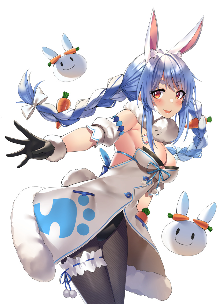 1girl absurdres animal_ear_fluff animal_ears armpit_crease bangs black_gloves black_legwear blue_hair blush bow braid breasts carrot carrot_hair_ornament cleavage commentary eyebrows_visible_through_hair food-themed_hair_ornament from_side fur-trimmed_gloves fur_trim gloves google_(asdek18) hair_bow hair_ornament highres hololive leaning_forward leg_garter leotard leotard_under_clothes long_hair looking_at_viewer medium_breasts multicolored_hair open_mouth pantyhose rabbit_ears rabbit_girl sideboob sidelocks simple_background skindentation smile solo standing streaked_hair symbol-shaped_pupils thick_eyebrows twintails usada_pekora virtual_youtuber white_background white_bow white_hair