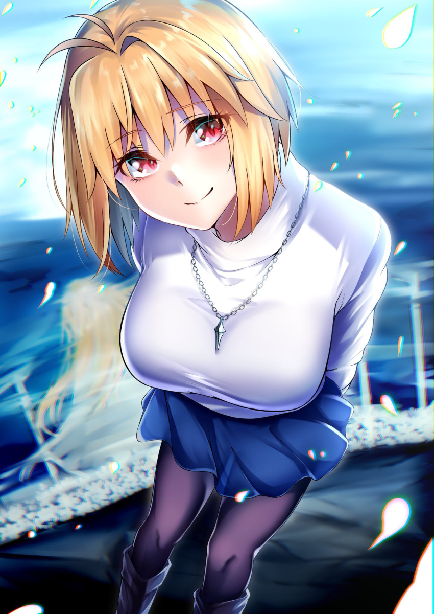 1girl antenna_hair arcueid_brunestud arms_behind_back bangs black_legwear blonde_hair blue_skirt blush boots breasts chain_necklace closed_mouth commentary_request dutch_angle eyebrows_visible_through_hair feet_out_of_frame from_above head_tilt highres jewelry large_breasts leaning_forward len_(hand_linke) looking_at_viewer miniskirt necklace night outdoors pantyhose petals pleated_skirt red_eyes short_hair sidelocks skirt smile solo standing sweater tsukihime tsukihime_(remake) turtleneck turtleneck_sweater upturned_eyes white_sweater