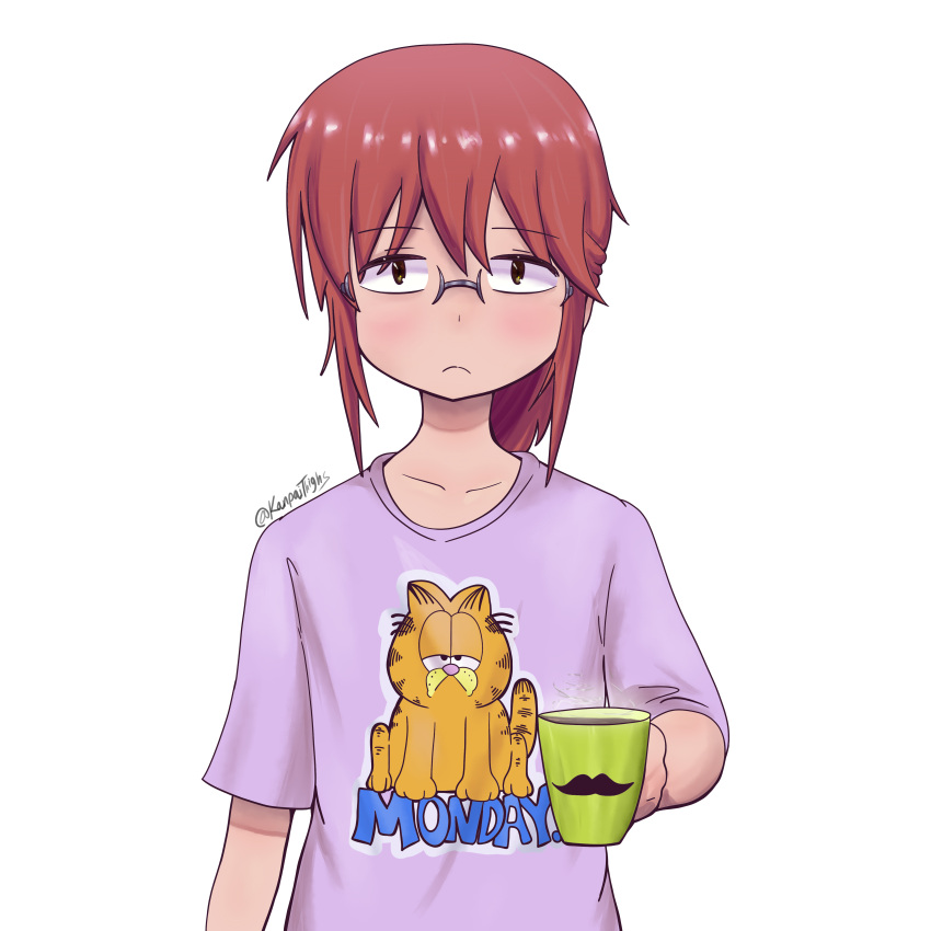 1girl absurdres coffee coffee_mug commentary_request cup eyebrows_visible_through_hair garfield garfield_(character) glasses highres holding kanpaithighs kobayashi-san_chi_no_maidragon kobayashi_(maidragon) looking_at_viewer medium_hair mug red_hair shirt short_hair solo