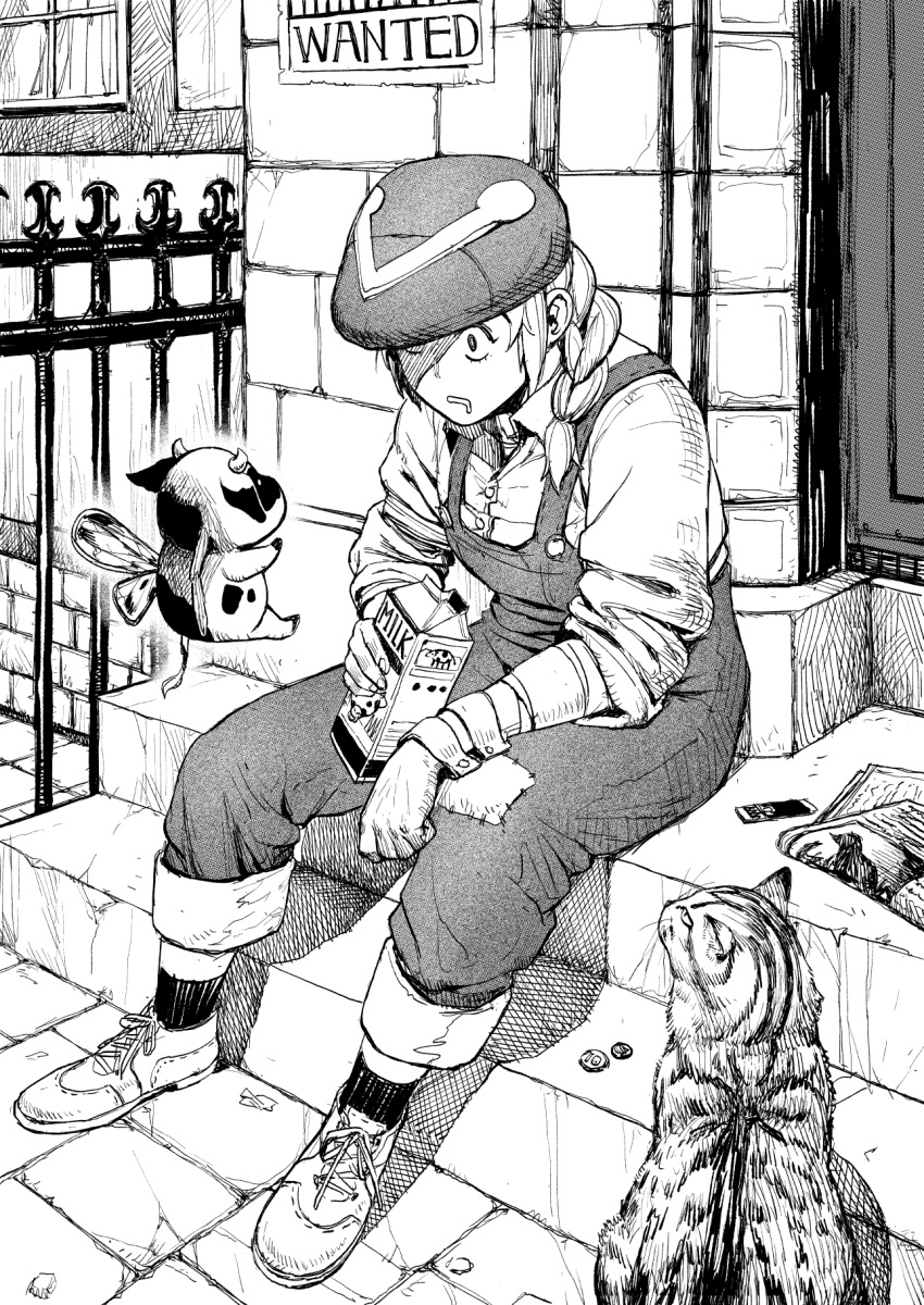 1girl braid cat coin commentary english_commentary fairy greyscale hair_over_shoulder hat hatching_(texture) highres holding milk_carton monochrome mouth_drool original outdoors overalls shirt shoes sitting sitting_on_stairs socks solo stairs wanted wide-eyed wristband y_naf