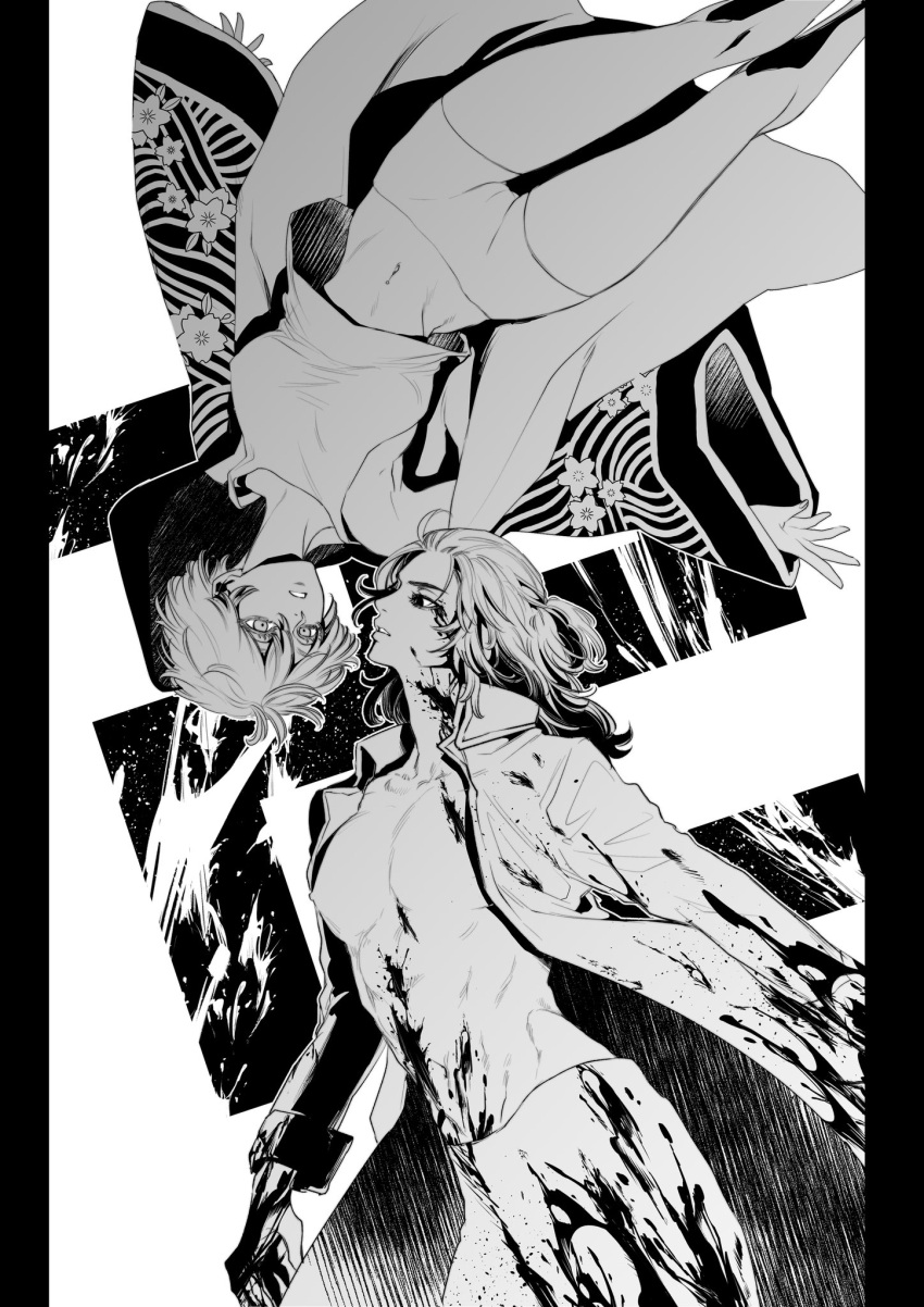 1boy 1girl akashi_senju bangs bangs_pinned_back bike_shorts blood blood_on_clothes breasts cameltoe coat eyelashes greyscale half_updo highres looking_at_another medium_hair monochrome navel nipples open_clothes open_coat parted_lips pectorals sano_manjirou shirtless short_hair tokyo_revengers toned toned_male upside-down uuuuuuushin wavy_hair