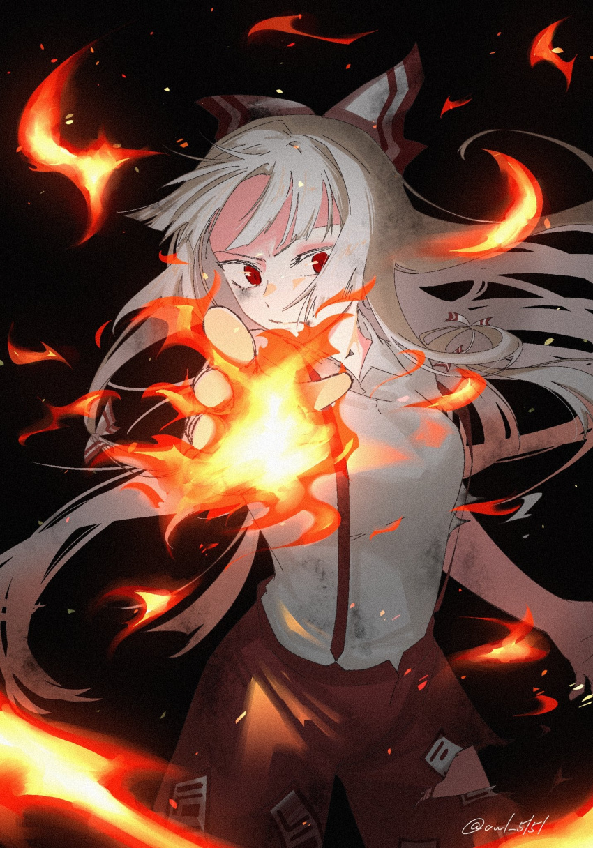 1girl arm_up artist_name bangs black_background bow breasts eyebrows_visible_through_hair fire fujiwara_no_mokou grey_hair hair_bow hand_up highres long_hair looking_at_viewer medium_breasts multicolored multicolored_bow owl_5151 pants red_bow red_eyes red_pants shadow shirt short_sleeves solo standing touhou white_bow white_shirt