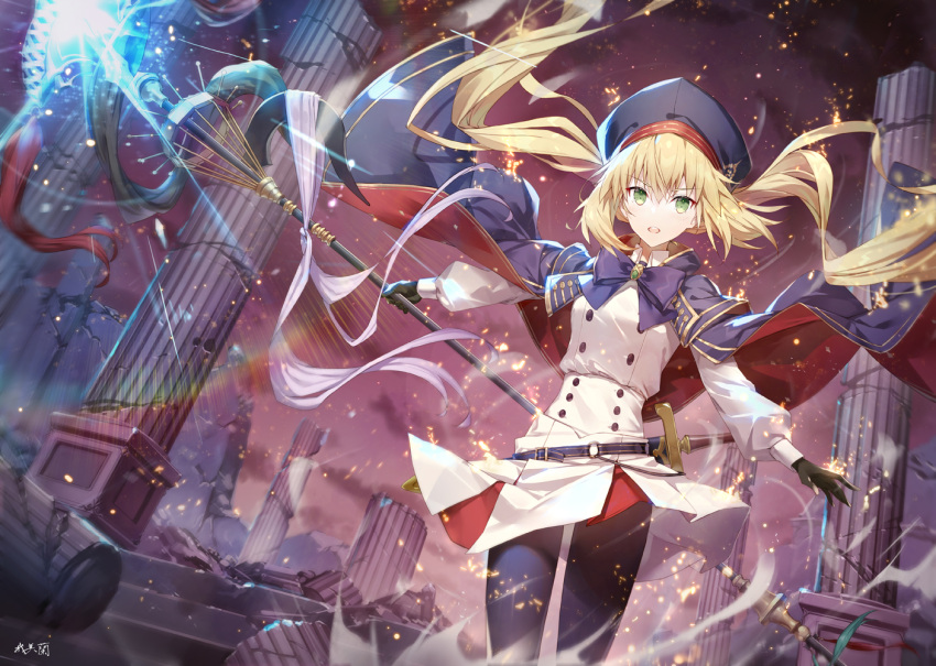 artoria_pendragon_(caster) blonde_hair bow cape fate/grand_order fate_(series) gabiran gloves hat long_hair ruins signed staff sword twintails weapon