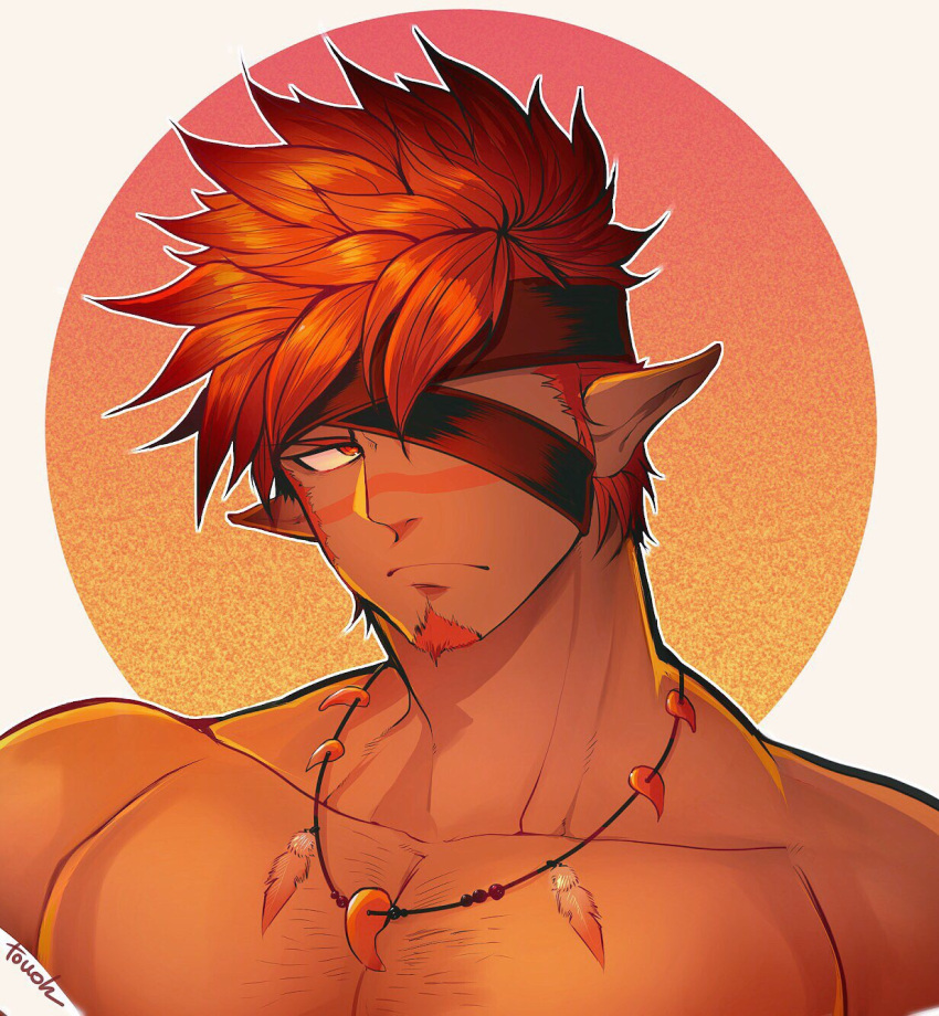 1boy bara chest_hair cropped_shoulders dark-skinned_male dark_skin eyepatch facial_hair facial_mark feather_necklace goatee highres large_pectorals long_sideburns magatama magatama_necklace male_focus mature_male muscular muscular_male orange_eyes orange_hair pectorals pointy_ears red_tribe short_hair sideburns solo tokyo_houkago_summoners touou