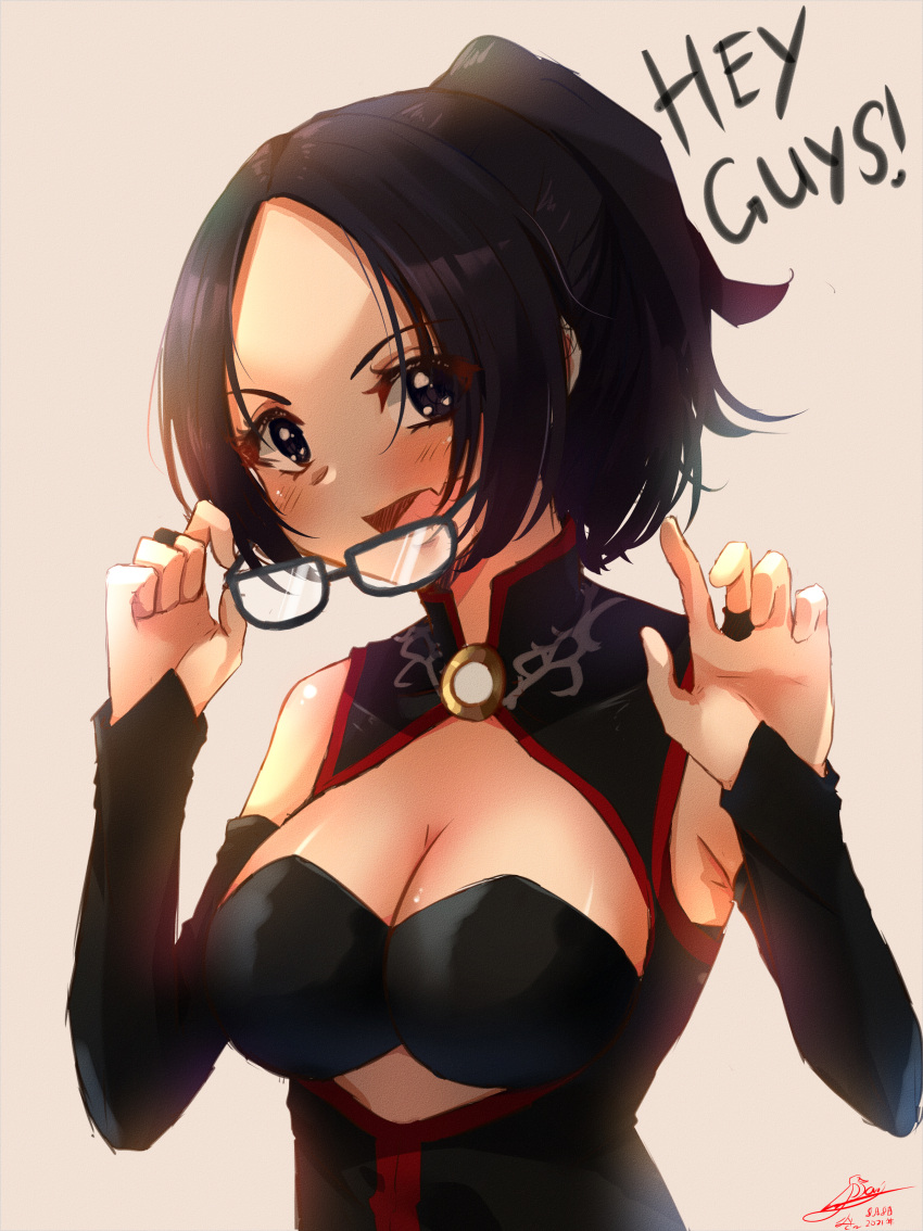 1girl absurdres bangs black-framed_eyewear black_dress black_eyes black_hair black_sleeves breasts bridal_gauntlets chii_(chicritro) china_dress chinese_clothes cleavage cleavage_cutout clothing_cutout daikou-chan dated detached_sleeves dress eyelashes fang glasses hands_up hey_guys high_ponytail highres huge_filesize indie_virtual_youtuber kson large_breasts long_hair looking_at_viewer open_mouth parted_bangs removing_eyewear signature skin_fang solo tan_background texture upper_body virtual_youtuber