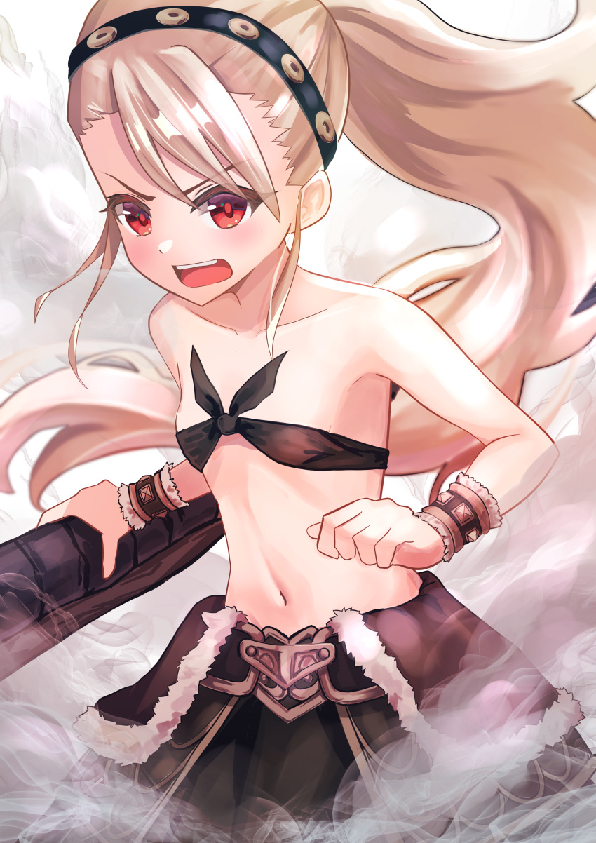 1girl absurdres bandeau bangs bare_shoulders belt blush breasts cloud cloudy_sky collarbone cosplay eyebrows_visible_through_hair fate/kaleid_liner_prisma_illya fate_(series) fur_trim hair_between_eyes headband heracles_(fate) heracles_(fate)_(cosplay) highres illyasviel_von_einzbern long_hair looking_at_viewer navel open_mouth pan_korokorosuke ponytail prisma_illya red_eyes sidelocks sky small_breasts solo sword waist_cape weapon white_hair wrist_cuffs