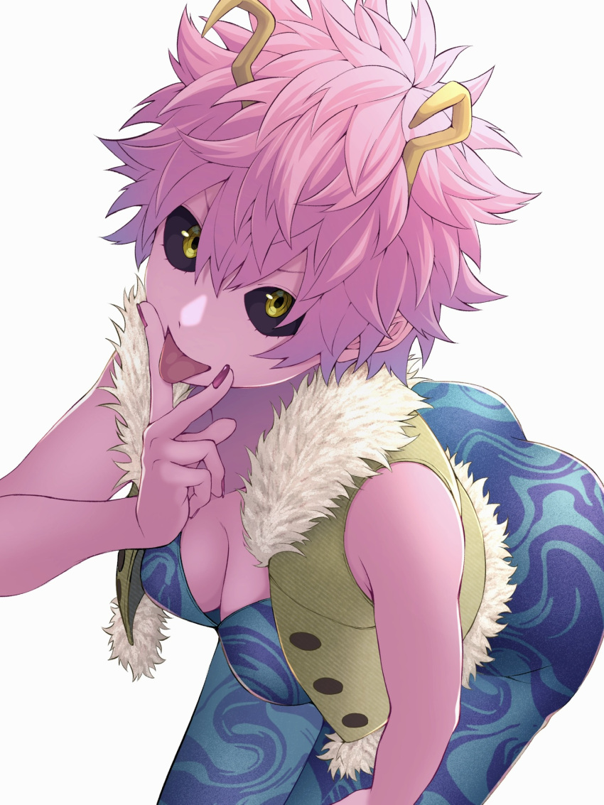 1girl ashido_mina bare_arms bare_shoulders bent_over black_sclera boku_no_hero_academia breasts buttons cleavage colored_sclera colored_skin cunnilingus_gesture downblouse fingernails fur_trim hair_between_eyes hand_on_own_thigh hand_to_own_mouth highres horns kobaji looking_at_viewer medium_breasts messy_hair open_clothes open_vest pink_hair pink_skin short_hair sidelocks solo tongue tongue_out unbuttoned unitard v v_over_mouth vest yellow_eyes yellow_horns