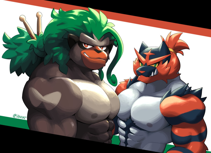 2boys abs animal_ears bara brown_fur cat_boy cat_ears fangs furry furry_with_furry gen_7_pokemon gen_8_pokemon green_eyes green_hair grey_fur highres incineroar large_pectorals long_hair looking_at_viewer male_focus monkey_boy monkey_ears multiple_boys muscular muscular_male nipples out-of-frame_censoring pectoral_docking pectoral_press pectorals personification pokemon red_fur rillaboom smile smug stomach thick_eyebrows upper_body voviat