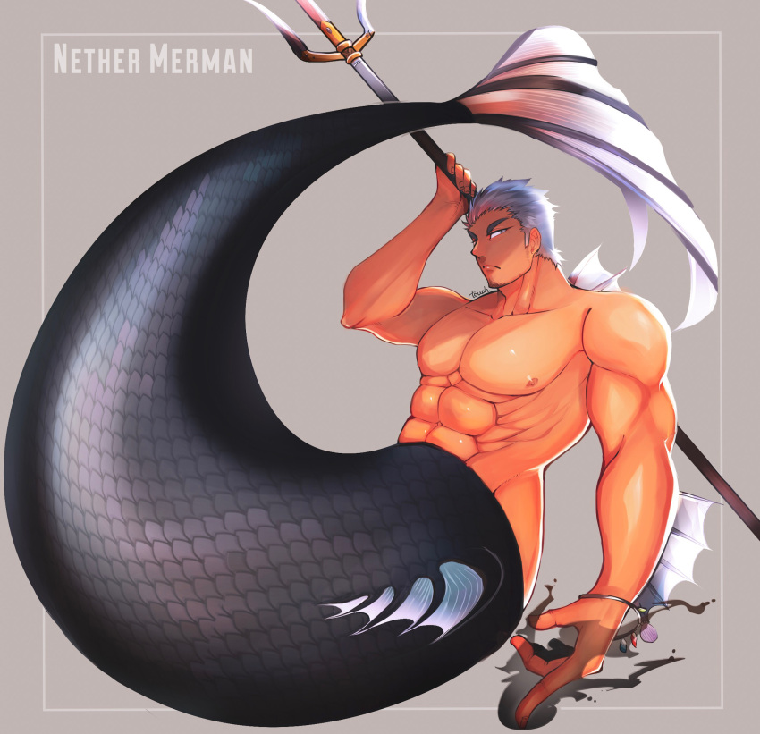 1boy abs aqua_hair aura bara blue_eyes character_name completely_nude dark-skinned_male dark_skin fins fish_boy full_body highres holding holding_polearm holding_spear holding_weapon large_pectorals male_focus mature_male merman monster_boy muscular muscular_male nether_merman_(tokyo_houkago_summoners) nipples nude pectorals polearm short_hair sideburns solo spear stomach tokyo_houkago_summoners touou trident weapon