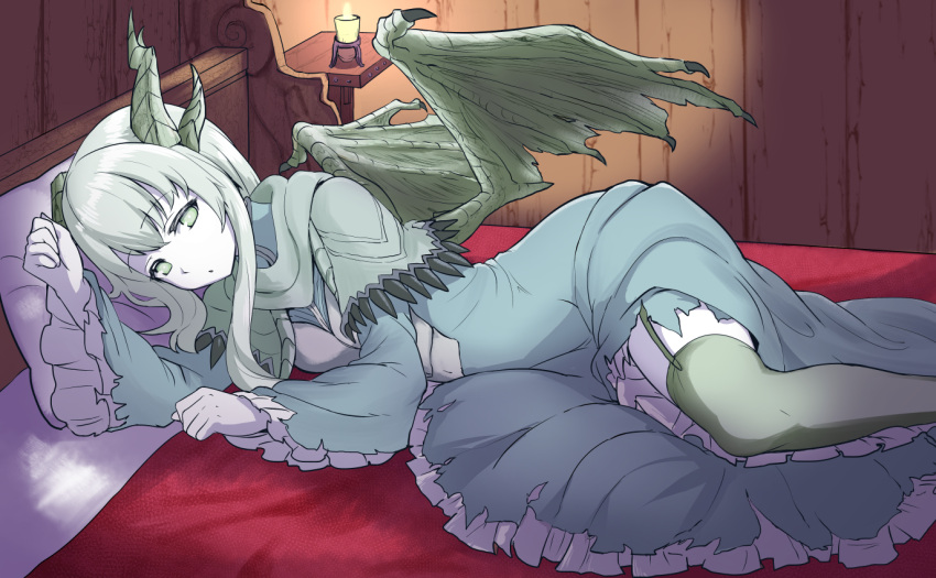 1girl bed candle dragon_girl dragon_horns horns long_hair looking_at_viewer lying okamura_(okamura086) on_side paarthurnax pale_skin pillow solo the_elder_scrolls the_elder_scrolls_v:_skyrim thighhighs white_hair wings