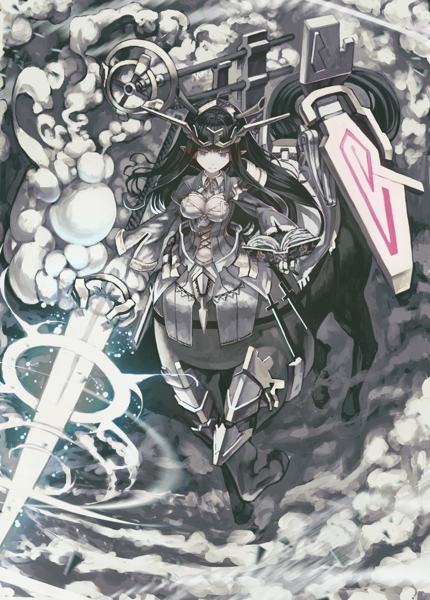 1girl armor bangs black_hair book breasts centaur cleavage closed_mouth clothing_cutout commentary_request cross-laced_clothes fantasy from_above glowing glowing_weapon grey_eyes hair_intakes highres holding holding_book holding_lance holding_polearm holding_weapon lance leg_armor long_hair long_sleeves monster_girl navel neck_ribbon open_book original pointy_ears polearm ribbon smoke solo stomach_cutout taur tefec weapon wide_sleeves