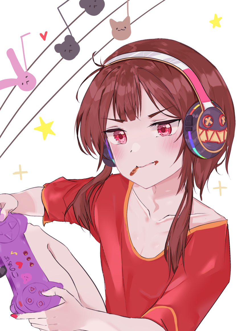 1girl absurdres adapted_costume bangs blush breasts brown_hair collarbone commentary controller eating food food_on_face game_controller gamepad hair_strand headphones heart highres holding holding_controller holding_game_controller hoowho:) knee_up kono_subarashii_sekai_ni_shukufuku_wo! looking_ahead megumin musical_note nail_polish playing_games plus_sign pocky purple_nails red_eyes red_nails red_shirt shirt short_hair short_hair_with_long_locks small_breasts snack solo staff_(music) star_(symbol) t-shirt upper_body v-shaped_eyebrows white_background