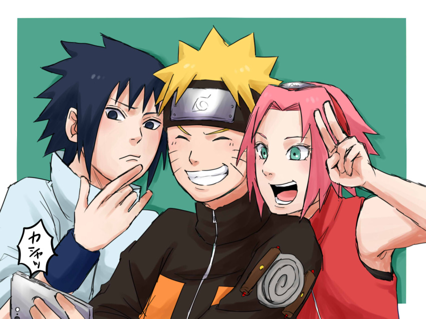 1girl 2boys black_eyes black_hair blonde_hair border closed_eyes closed_mouth forehead_protector green_background green_eyes grin haruno_sakura highres holding holding_phone jacket long_sleeves multiple_boys naruto_(series) naruto_shippuuden phone pink_hair pinoko_(pnk623) red_shirt selfie shirt simple_background sleeveless smile team7 teeth uchiha_sasuke uzumaki_naruto white_shirt