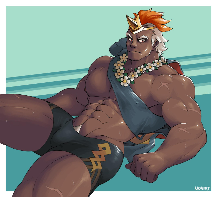 1boy abs bara bare_arms bare_pectorals bare_shoulders black_male_swimwear bulge cross_scar dark-skinned_male dark_skin feet_out_of_frame fire_emblem flower flower_necklace helbindi_(fire_emblem) highres horns jewelry large_pectorals looking_at_viewer male_focus male_pubic_hair male_swimwear mature_male multicolored_hair muscular muscular_male navel navel_hair necklace nipples orange_hair pectorals penis print_male_swimwear pubic_hair pubic_hair_peek sash scar scar_on_arm scar_on_chest short_hair sideburns single_horn sitting solo spread_legs stomach swim_briefs thick_thighs thighs two-tone_hair voviat wet white_hair