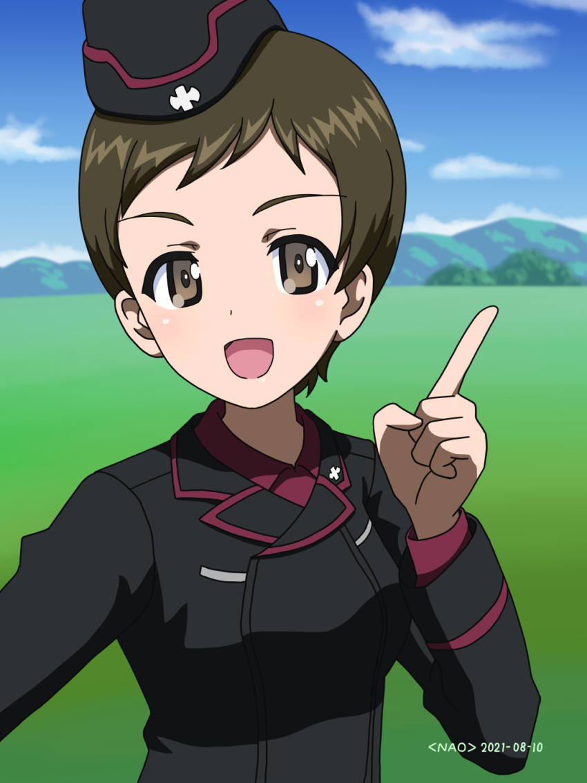 1girl artist_name bangs black_headwear black_jacket blue_sky brown_eyes brown_hair cloud cloudy_sky commentary_request dated day dress_shirt garrison_cap girls_und_panzer hat highres index_finger_raised insignia jacket kojima_emi kuromorimine_military_uniform long_sleeves looking_at_viewer military military_hat military_uniform mountain naotosi open_mouth outdoors red_shirt shirt short_hair sky smile solo uniform very_short_hair wing_collar