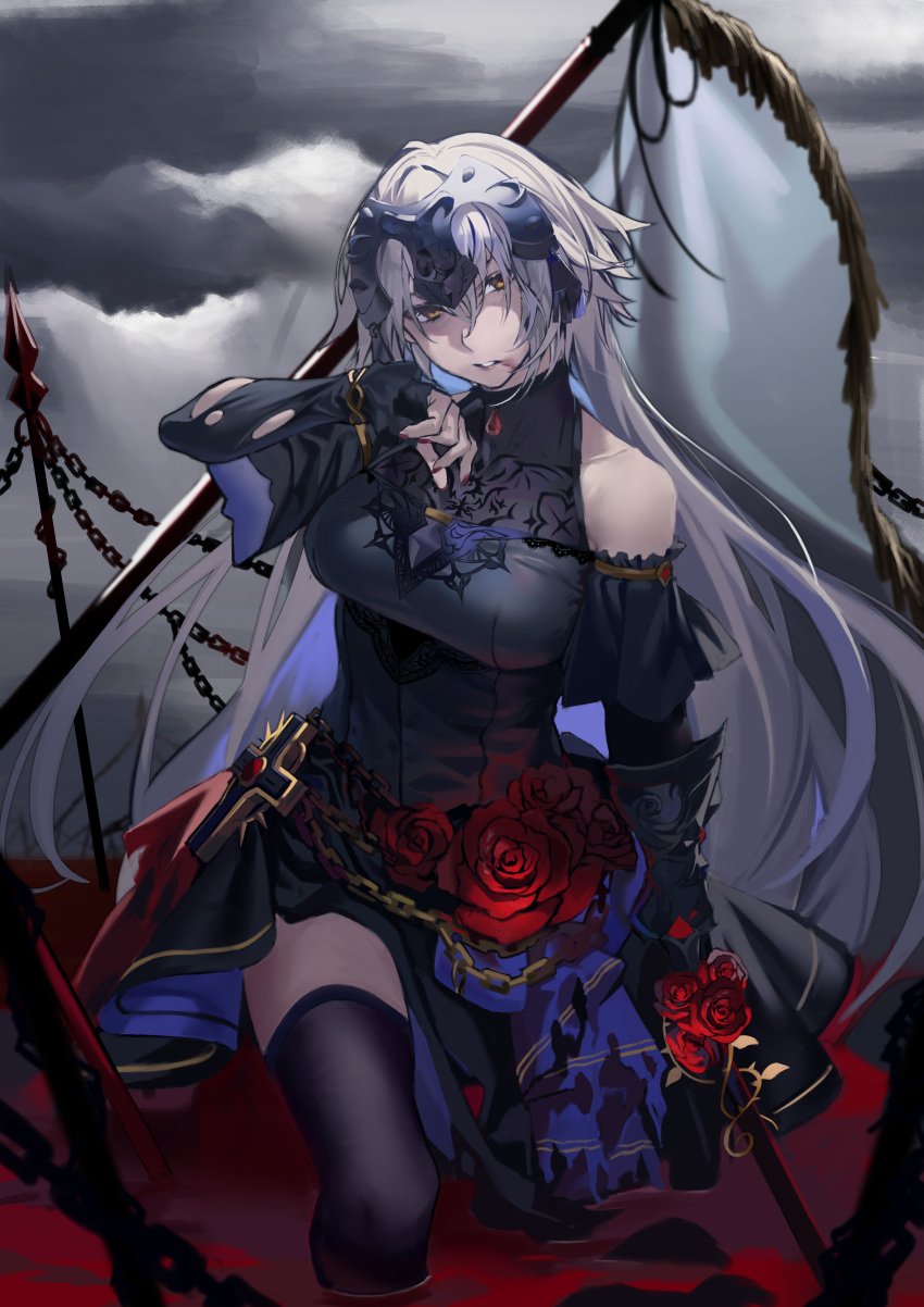 1girl absurdres alternate_costume bangs bare_shoulders black_dress black_legwear black_sleeves blood blood_on_face breasts chain cloud cloudy_sky collarbone commentary_request cross detached_sleeves dress fate/grand_order fate_(series) fingernails flag flower formal grey_hair hair_between_eyes headpiece highres hiro_(hirohiro_gorira) holding holding_sword holding_weapon huge_filesize jeanne_d'arc_(alter)_(fate) jeanne_d'arc_(fate)_(all) jewelry large_breasts lips long_hair looking_at_viewer nail_polish outdoors parted_lips polearm pool_of_blood purple_nails red_flower red_rose rose sidelocks sky sleeveless sleeveless_dress sleeves_past_wrists solo spear sword teeth thighhighs torn_clothes torn_sleeves very_long_hair weapon white_flag yellow_eyes
