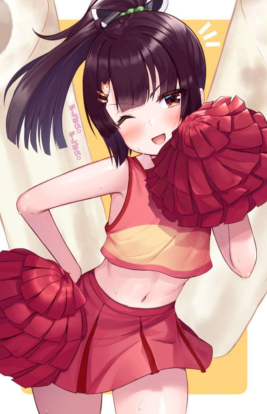 1girl ;d bangs bare_arms bare_shoulders blunt_bangs blush brown_background brown_eyes brown_hair cheerleader chikuwa commentary_request crop_top eyebrows_visible_through_hair food hair_ornament hairclip hand_up head_tilt highres long_hair midriff navel notice_lines one_eye_closed open_mouth pink_shirt pleated_skirt pom_pom_(cheerleading) ponytail red_skirt shirt skirt sleeveless sleeveless_shirt smile solo tenneko_yuuri touhoku_kiritan translation_request two-tone_background v-shaped_eyebrows voiceroid white_background