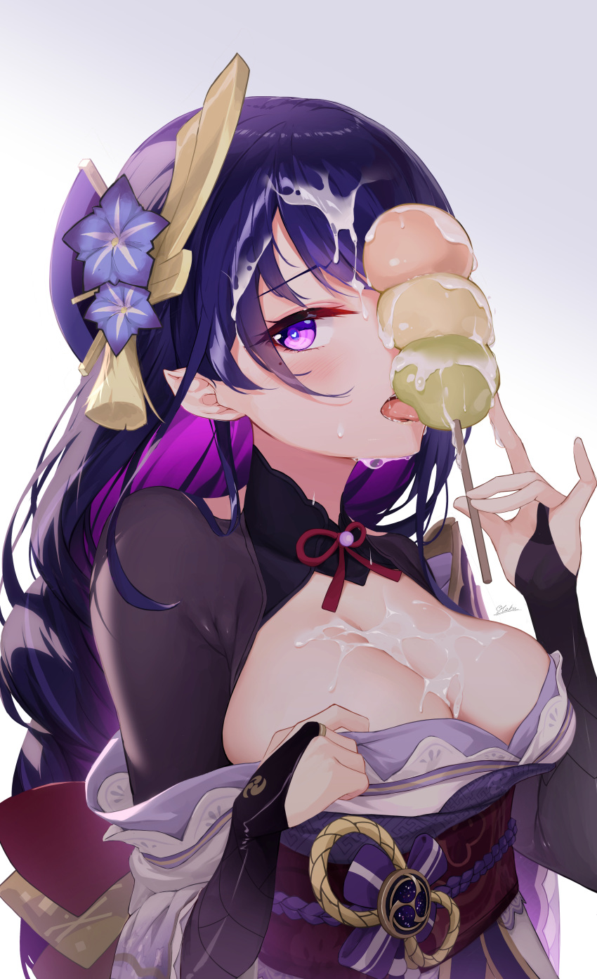 1girl absurdres bangs blue_flower blush braid breasts bridal_gauntlets cleavage commentary_request dango eyebrows_visible_through_hair eyes_visible_through_hair flower food genshin_impact hair_flower hair_ornament haku89 highres holding holding_food japanese_clothes kimono large_breasts licking long_hair looking_at_viewer milk mitsudomoe_(shape) mole mole_under_eye obi open_mouth phallic_symbol purple_eyes purple_hair purple_kimono raiden_shogun sash sexually_suggestive signature simple_background solo suggestive_fluid tassel tomoe_(symbol) tongue tongue_out upper_body wagashi white_background