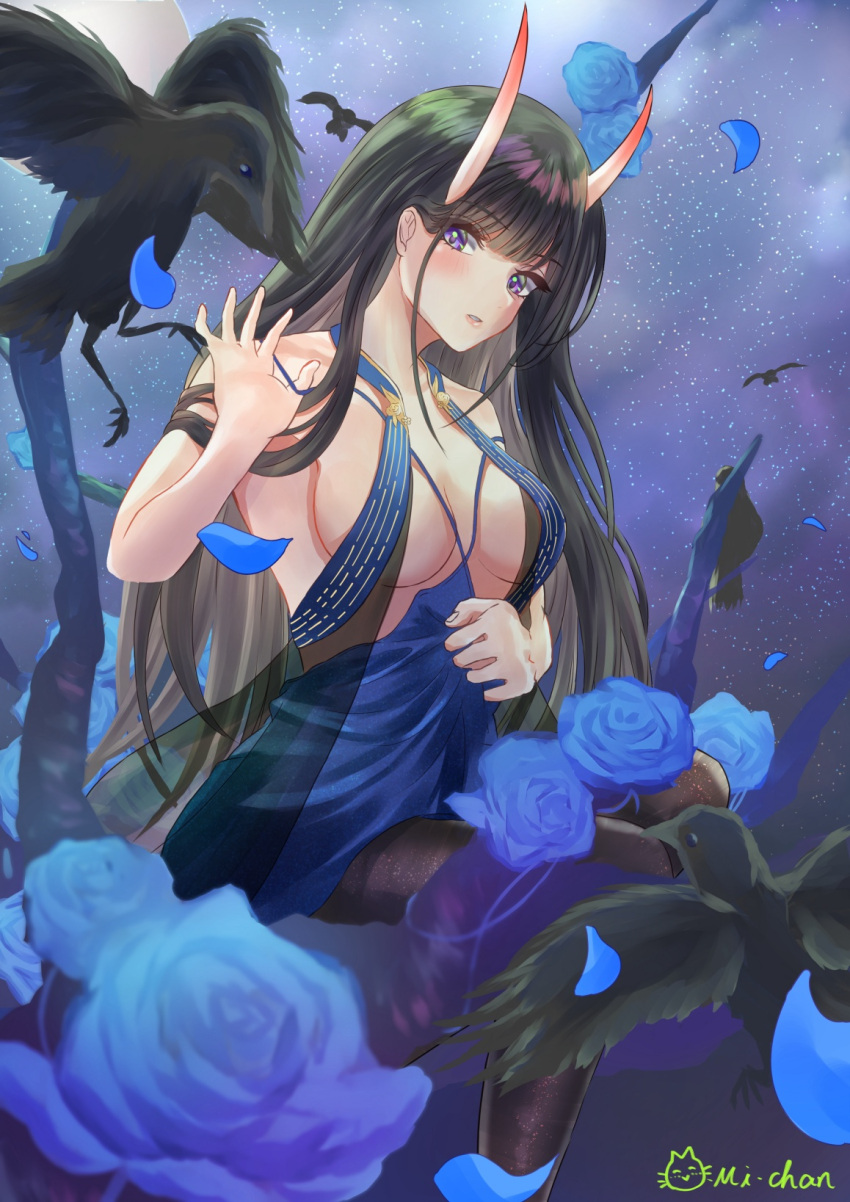 1girl artist_name azur_lane bare_shoulders bird black_cardigan black_hair blue_flower blue_rose breasts cardigan center_opening cocktail_dress crow dress evening_gown flower halter_dress halterneck highres long_hair looking_at_viewer medium_breasts michan127neko moon night night_sky noshiro_(azur_lane) noshiro_(the_gala's_sanctuary)_(azur_lane) official_alternate_costume petals purple_eyes raven_(animal) rose see-through sky sleeveless sleeveless_dress solo star_(sky) starry_sky