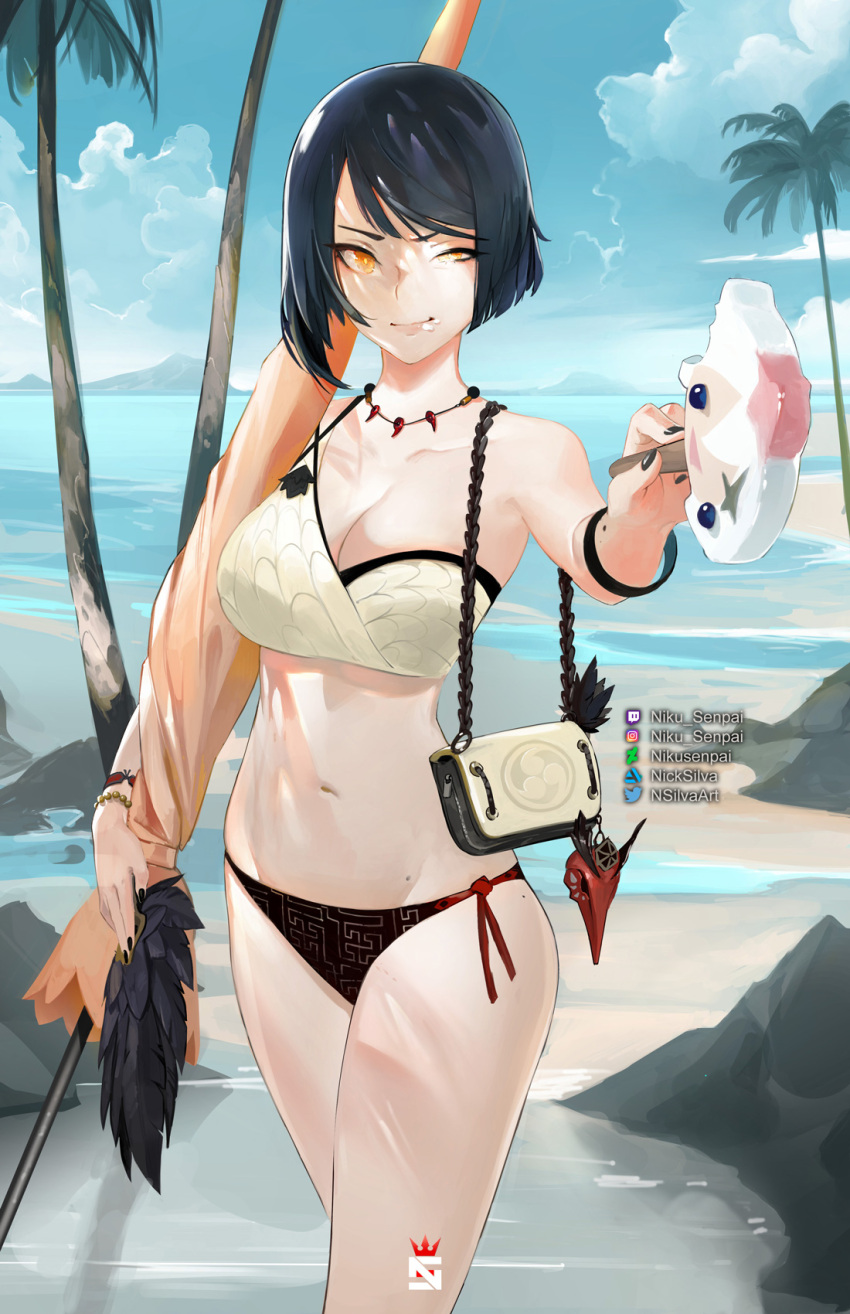 artist_name artstation_logo artstation_username asymmetrical_hair bag bangs bare_legs beach beach_umbrella bikini black_bikini black_feathers black_hair black_nails blue_sky bob_cut bracelet breasts cleavage closed_mouth cloud cloudy_sky collarbone commentary cowboy_shot criss-cross_suspenders deviantart_logo deviantart_username english_commentary eyebrows feathers food food_on_face genshin_impact half-closed_eye handbag head_tilt highres holding holding_beach_umbrella holding_food ice_cream ice_cream_on_face instagram_logo instagram_username jewelry kujou_sara legs legs_together looking_at_viewer mask medium_breasts medium_hair midriff nail_polish navel necklace nikusenpai ocean orange_eyes paimon_(genshin_impact) palm_tree rock scenery sidelocks sky smile standing swimsuit tengu_mask thighs tree twitch_logo twitch_username twitter_logo twitter_username two-tone_bikini umbrella water white_bikini