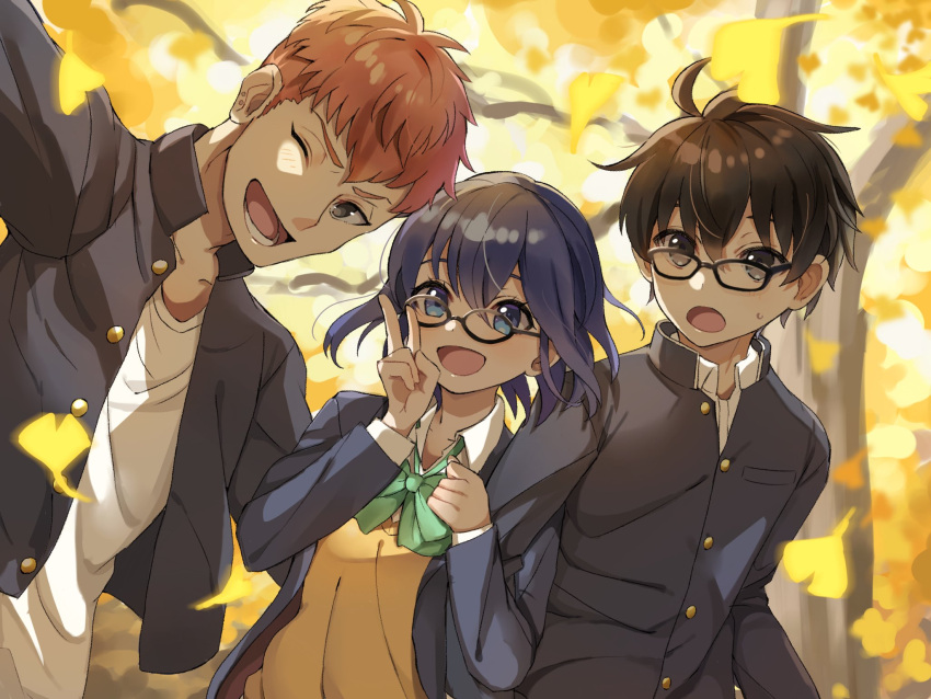 1girl 2girls :d :o ;d autumn bangs black-framed_eyewear black_eyes black_hair black_jacket blue_eyes blue_hair blurry blurry_background blush bow bowtie ciel_(tsukihime) commentary_request day ear_piercing eyebrows_behind_hair gakuran glasses green_neckwear grey_eyes head_tilt high_collar highres inui_arihiko jacket leaf locked_arms long_sleeves looking_at_viewer loose_bowtie lower_teeth mixgrill multiple_girls one_eye_closed open_clothes open_collar open_jacket open_mouth orange_hair outdoors partially_unbuttoned piercing school_uniform selfie shirt short_hair smile standing sweatdrop taking_picture tohno_shiki tree tsukihime tsukihime_(remake) undercut upper_body v vest white_shirt wing_collar yellow_vest