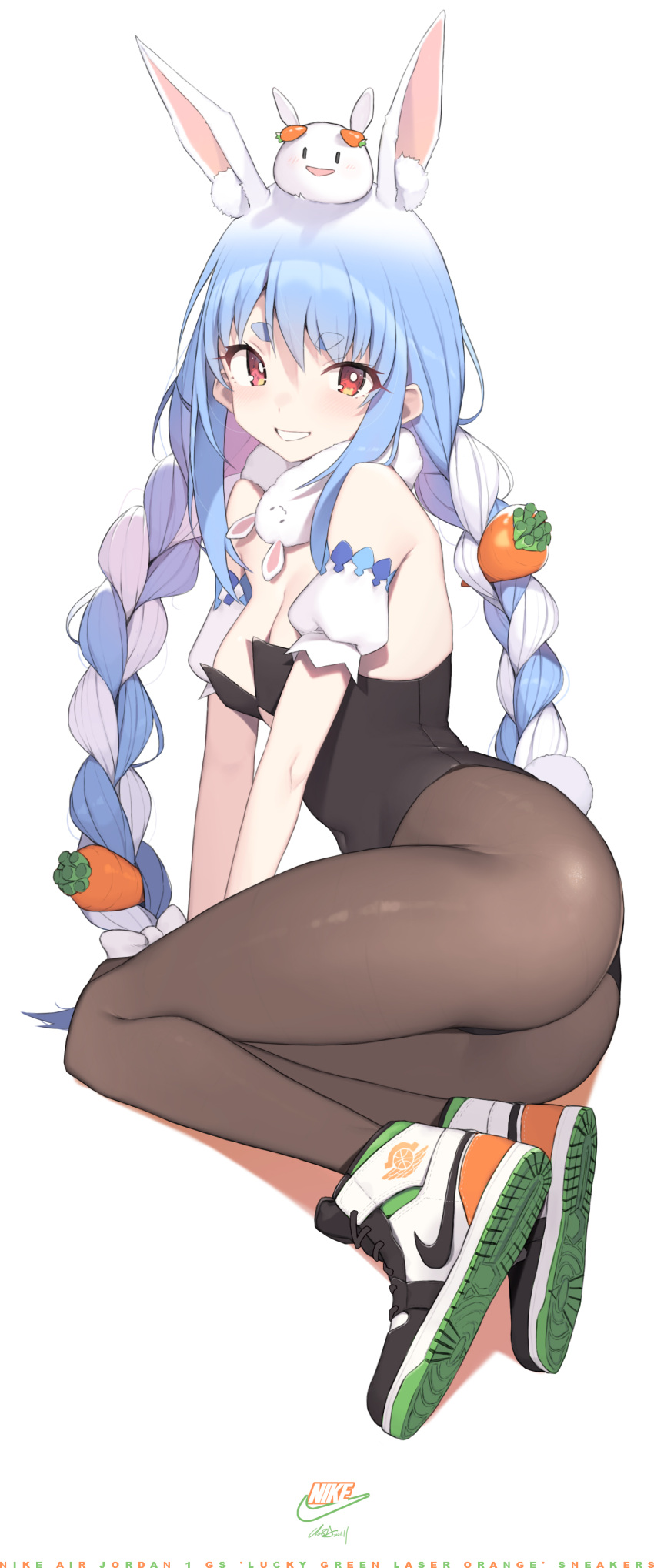 1girl absurdres air_jordan air_jordan_1 animal_ear_fluff animal_ears arm_support ass bangs bare_shoulders black_legwear black_leotard blue_hair braid breasts carrot carrot_hair_ornament cloba detached_sleeves don-chan_(usada_pekora) extra_ears food-themed_hair_ornament fur_scarf grin hair_ornament highres hololive leotard long_hair looking_at_viewer multicolored_hair nike nousagi_(usada_pekora) pantyhose puffy_short_sleeves puffy_sleeves rabbit_ears rabbit_girl rabbit_tail red_eyes scarf shoes short_eyebrows short_sleeves sitting smile sneakers solo strapless strapless_leotard swept_bangs tail teeth thick_eyebrows twin_braids two-tone_hair usada_pekora virtual_youtuber white_hair white_scarf yokozuwari