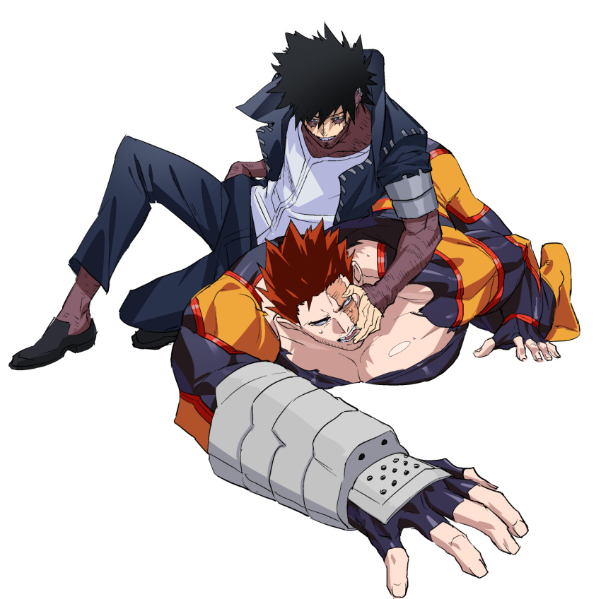 2boys bangs bara black_eyes black_hair blue_bodysuit blue_eyes blue_fire bodysuit boku_no_hero_academia burn_scar dabi_(boku_no_hero_academia) facial_hair fingerless_gloves fire foreshortening full_body gloves hand_on_another's_face highres koooogasya large_pectorals lying male_focus mature_male messy_hair multiple_boys muscular muscular_male on_person on_stomach pectoral_cleavage pectorals piercing scar short_hair sideburns spiked_hair spoilers stubble torn_bodysuit torn_clothes vambraces