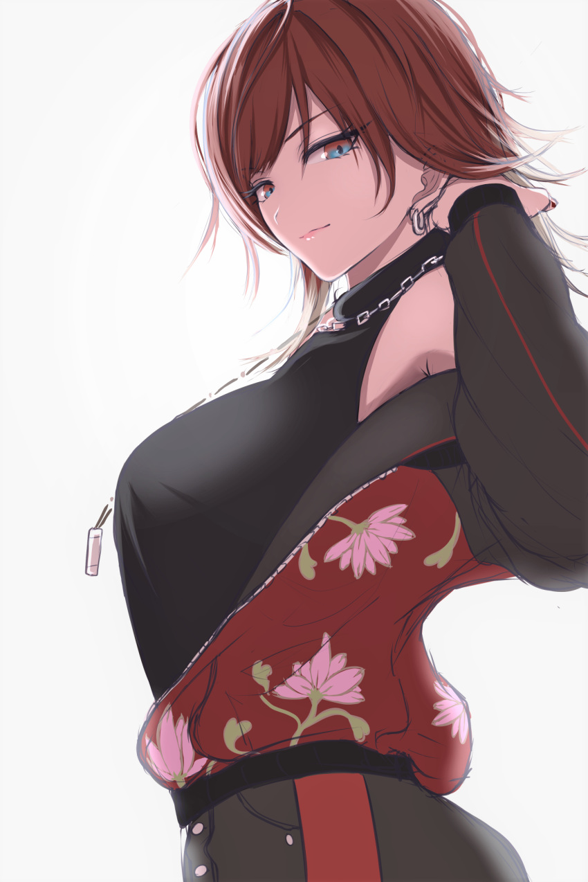 1girl aketa_mikoto armpit_crease black_shirt blonde_hair breasts brown_hair chain_necklace earrings floral_print gradient_hair hair_tucking highres idolmaster idolmaster_shiny_colors jacket jewelry keke_(akuringo731) large_breasts letterman_jacket long_sleeves looking_at_viewer looking_to_the_side multicolored multicolored_eyes multicolored_hair nail_polish partially_unzipped print_jacket shirt simple_background sleeveless sleeveless_shirt smirk solo white_background