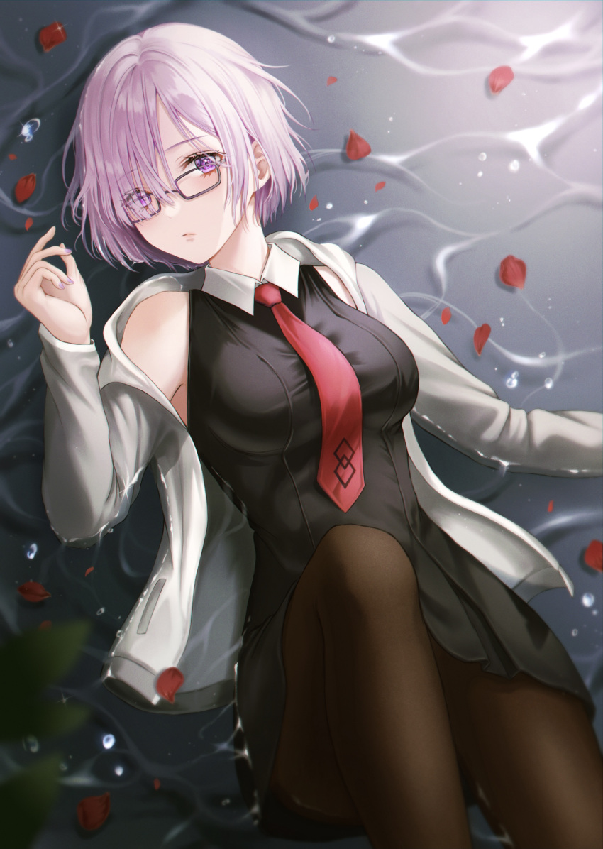 1girl absurdres artist_request bare_shoulders between_breasts black-framed_eyewear black_dress breasts brown_legwear closed_mouth collared_dress commentary_request dress eyebrows_visible_through_hair eyes_visible_through_hair fate/grand_order fate_(series) fingernails glasses grey_jacket hair_over_one_eye highres in_water jacket large_breasts light_purple_hair lips looking_at_viewer lying mash_kyrielight multicolored multicolored_clothes multicolored_jacket nail_polish necktie necktie_between_breasts open_clothes open_jacket pantyhose petals plant pocket purple_eyes purple_nails red_neckwear short_hair solo two-tone_jacket water white_jacket