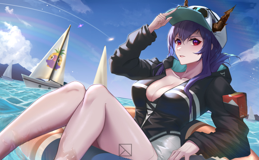 1girl absurdres alternate_costume arknights baseball_cap black_swimsuit blue_hair blue_sky boat breasts ch'en_(arknights) cleavage cloud collarbone eyewear_on_headwear hat highres horns horns_through_headwear innertube knees_up large_breasts long_hair njnywy outdoors rainbow red_eyes sailboat sitting sky solo swimsuit water watercraft white_headwear