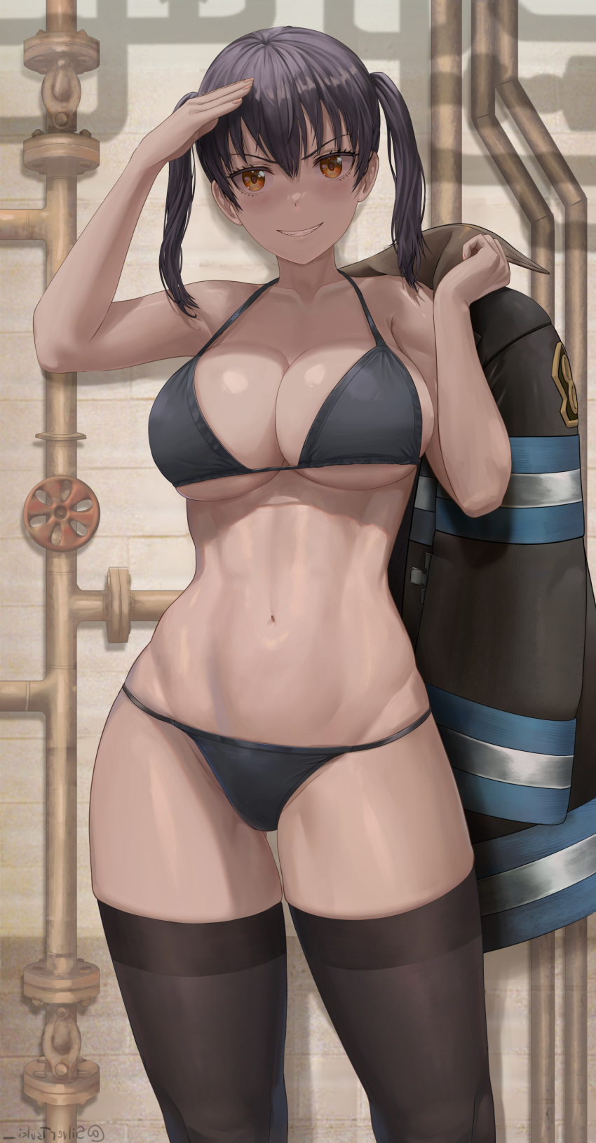 1girl absurdres arm_up ass_visible_through_thighs bare_shoulders bikini black_bikini black_coat black_hair black_legwear breasts cleavage coat coat_removed collarbone en'en_no_shouboutai grin highres holding large_breasts navel orange_eyes parted_lips pipes salute short_hair short_twintails silvertsuki smile solo stomach swimsuit tamaki_kotatsu thighhighs toned twintails v-shaped_eyebrows