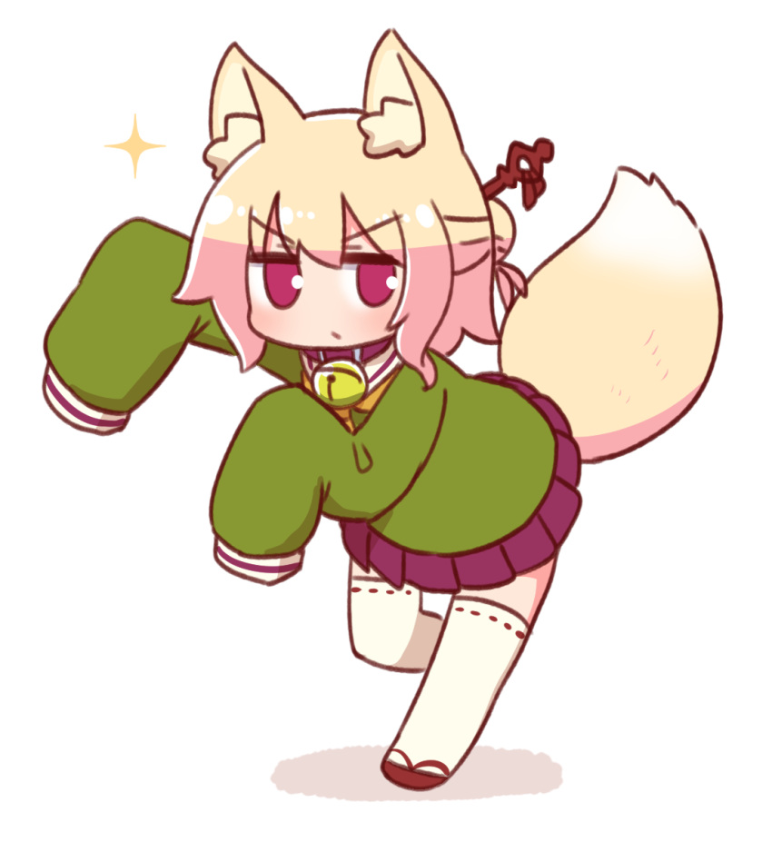 1girl animal_ears bangs bell brown_collar brown_footwear closed_mouth collar commentary_request eyebrows_visible_through_hair fox_ears fox_girl fox_tail full_body green_shirt hair_between_eyes hair_bun hair_ornament highres jingle_bell kemomimi-chan_(naga_u) long_sleeves looking_at_viewer naga_u neck_bell orange_neckwear original pleated_skirt purple_skirt red_eyes ribbon-trimmed_legwear ribbon_trim sailor_collar shadow shirt skirt sleeves_past_fingers sleeves_past_wrists solo sparkle standing standing_on_one_leg tail thighhighs v-shaped_eyebrows white_background white_legwear white_sailor_collar zouri