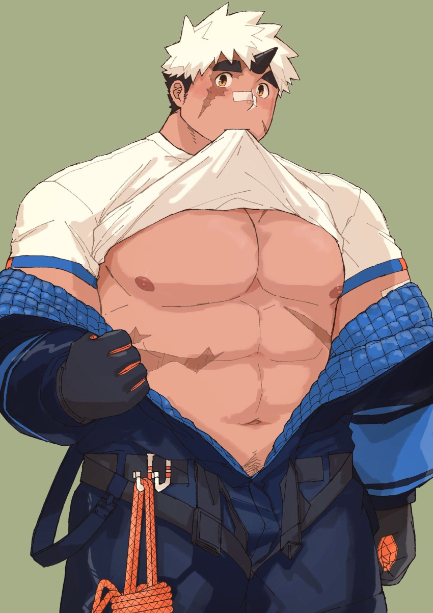 1boy abs akiha_gongen_(tokyo_houkago_summoners) bandaid bandaid_on_nose bara bare_pectorals beckoning bulge clothes_lift dark-skinned_male dark_skin highres horns jacket large_pectorals long_sideburns looking_at_viewer male_focus mouth_hold multicolored_hair muscular muscular_male navel navel_hair nipples open_clothes open_jacket pectorals scar_on_stomach shirt_lift short_hair sideburns single_horn solo stomach thick_eyebrows tokyo_houkago_summoners tsuk8454 two-tone_hair white_hair