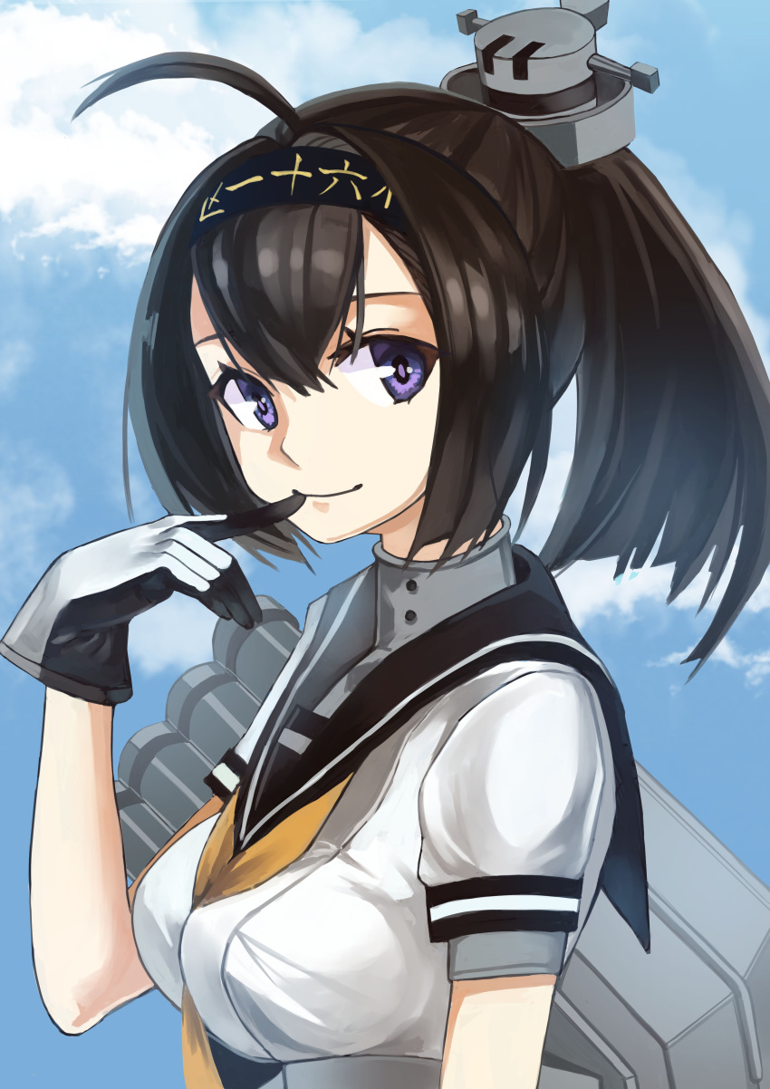 1girl absurdres ahoge akizuki_(kancolle) black_sailor_collar blue_sky brown_hair closed_mouth day finger_to_mouth gloves hairband headgear highres kantai_collection looking_at_viewer luicent outdoors ponytail purple_eyes sailor_collar school_uniform serafuku shirt sky smile solo upper_body white_shirt