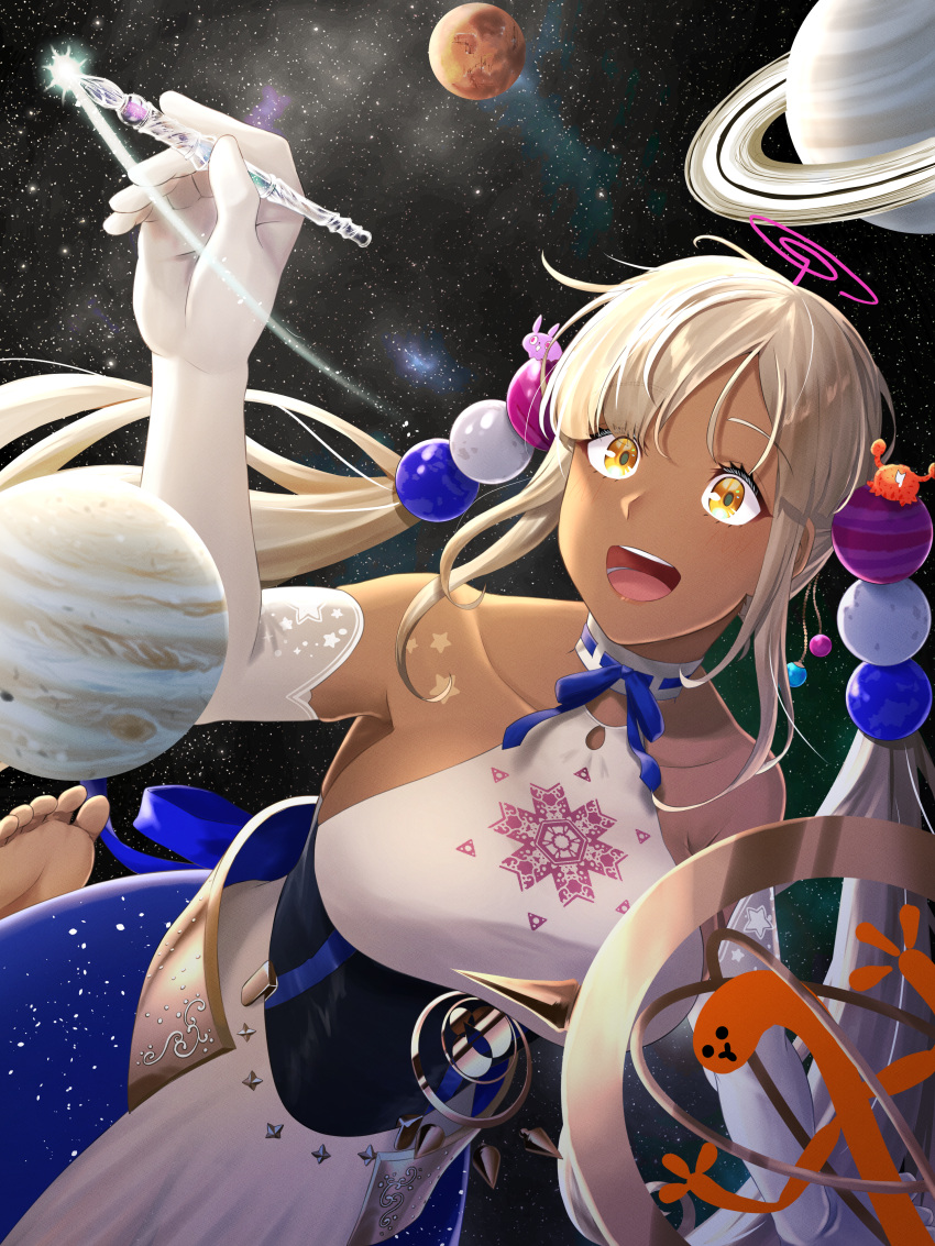 1girl aboreen absurdres breasts dark-skinned_female dark_skin elbow_gloves gloves highres hololive hololive_english huge_filesize jupiter_(planet) large_breasts long_hair mars_(planet) saturn_(planet) sky space star_(sky) starry_sky stylus tsukumo_sana twintails virtual_youtuber yatagarasu_(tsukumo_sana) yellow_eyes