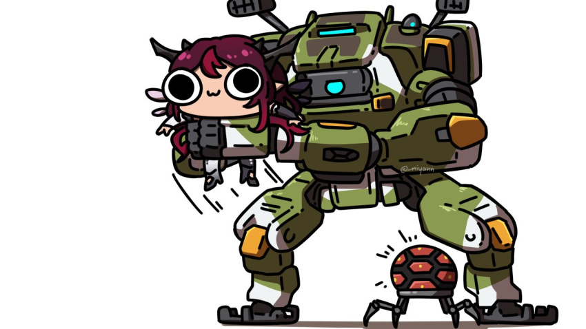 1girl :3 bangs black_eyes blue_eyes bt-7274 chibi english_commentary holding_person hololive hololive_english horns irys_(hololive) looking_down mecha miyan_(oceanmaiden) multiple_horns one-eyed pointy_ears smile titanfall_(series) titanfall_2 virtual_youtuber white_background