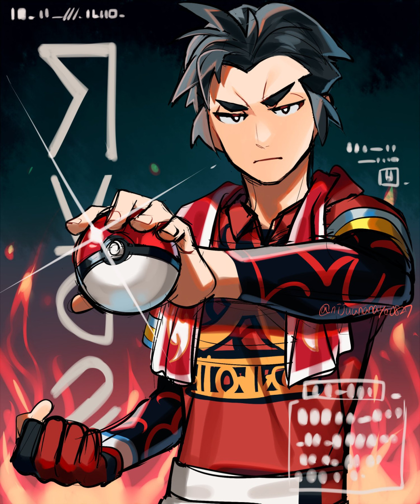 1boy black_eyes black_hair clenched_hand closed_mouth collared_shirt commentary_request dynamax_band gloves highres holding holding_poke_ball kabu_(pokemon) looking_at_viewer male_focus miyukiyo poke_ball poke_ball_(basic) pokemon pokemon_(game) pokemon_swsh poster_(medium) shirt short_hair short_sleeves shorts single_glove sketch solo towel towel_around_neck younger