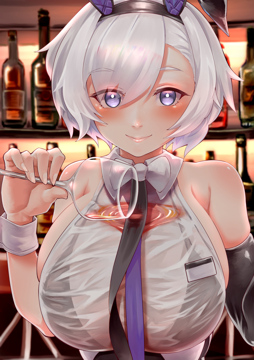 1girl absurdres alcohol animal_ears azur_lane backless_leotard bar bare_shoulders black_bra black_gloves black_leotard black_neckwear bra bra_through_clothes breasts elbow_gloves eyebrows_visible_through_hair eyes_visible_through_hair fake_animal_ears gloves highres huge_breasts leotard official_alternate_costume playboy_bunny pouring_onto_self purple_eyes rabbit_ears reno_(azur_lane) reno_(reno_bunnino)_(azur_lane) shirt sleeveless sleeveless_shirt smile solo take_yaki taut_clothes taut_shirt underwear upper_body white_hair white_shirt wrist_cuffs