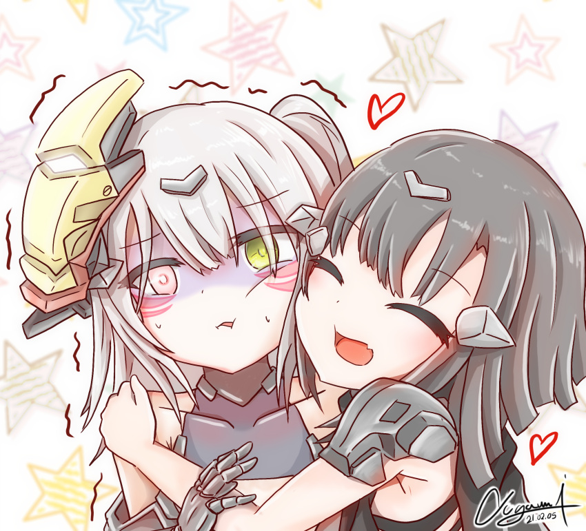 2girls 4m_yugami anna_(girls'_frontline) annoyed black_hair closed_eyes cyborg girls'_frontline hair_ornament happy highres hug multiple_girls narciss_(girls'_frontline) nyto_(generic)_(girls'_frontline) nyto_(girls'_frontline) paradeus shaking short_hair white_hair yuri